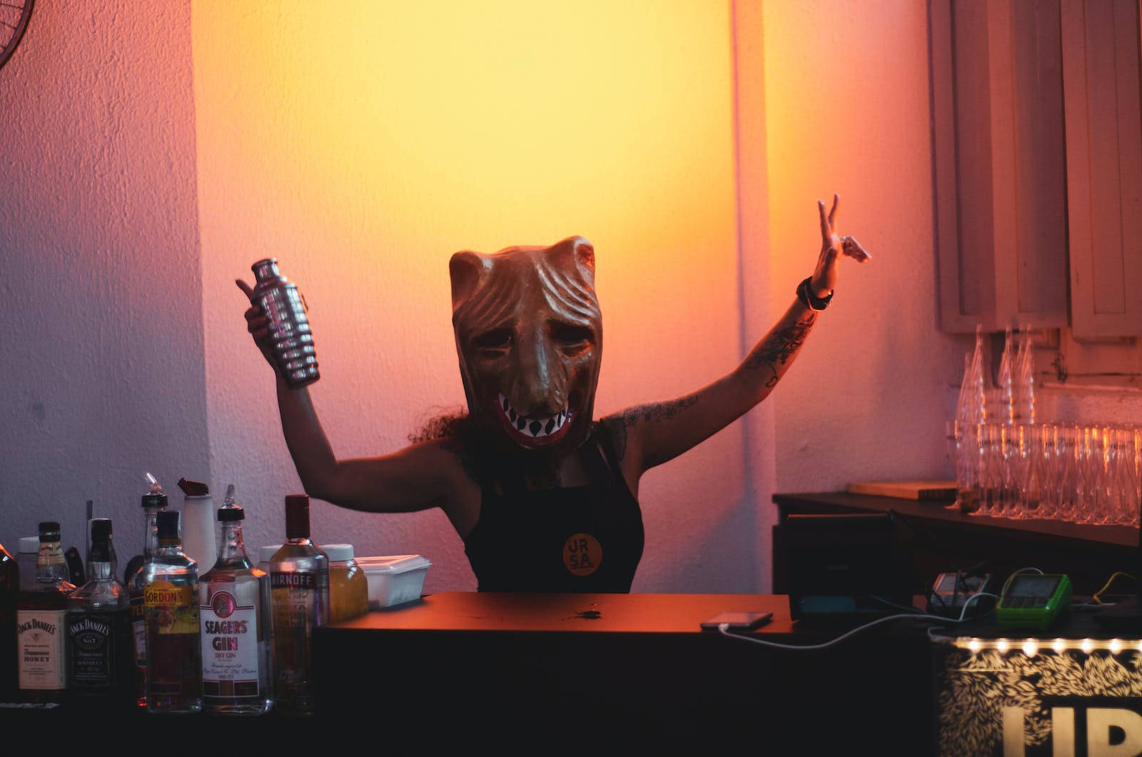 wolf mask, black apron, bar, HD Desktop Wallpaper