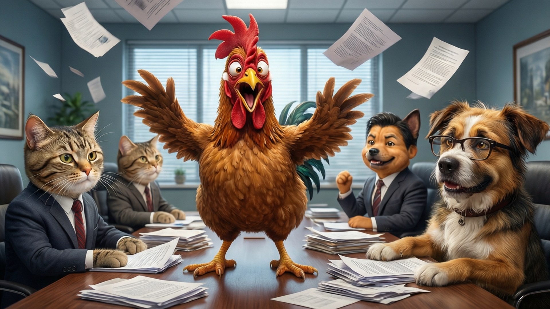 Animal Boardroom Chaos, cartoon boardroom, chaotic meeting, Full HD Desktop Wallpaper
