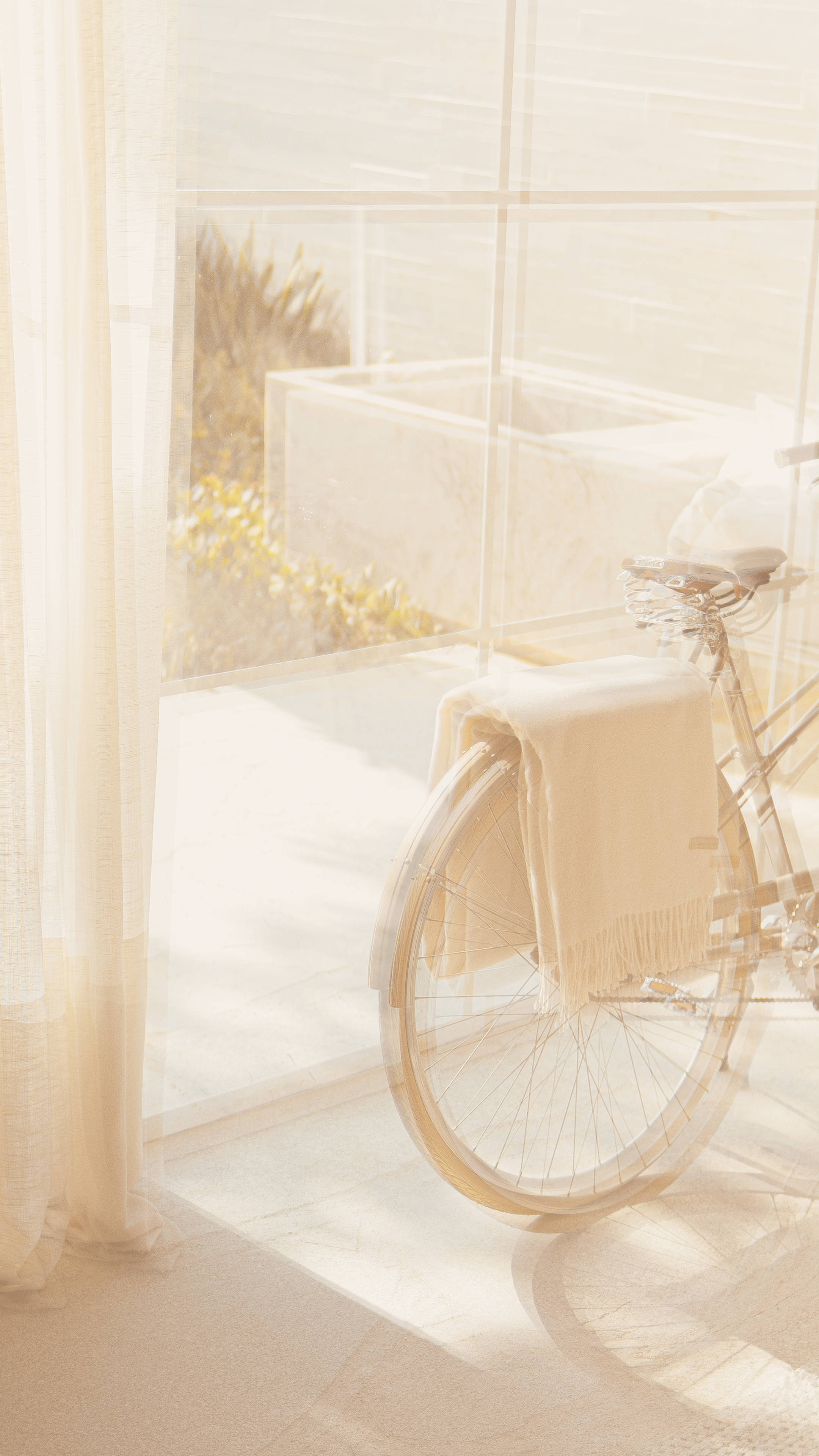 vintage bicycle, cream towel, soft sunlight, 4K Phone Wallpaper