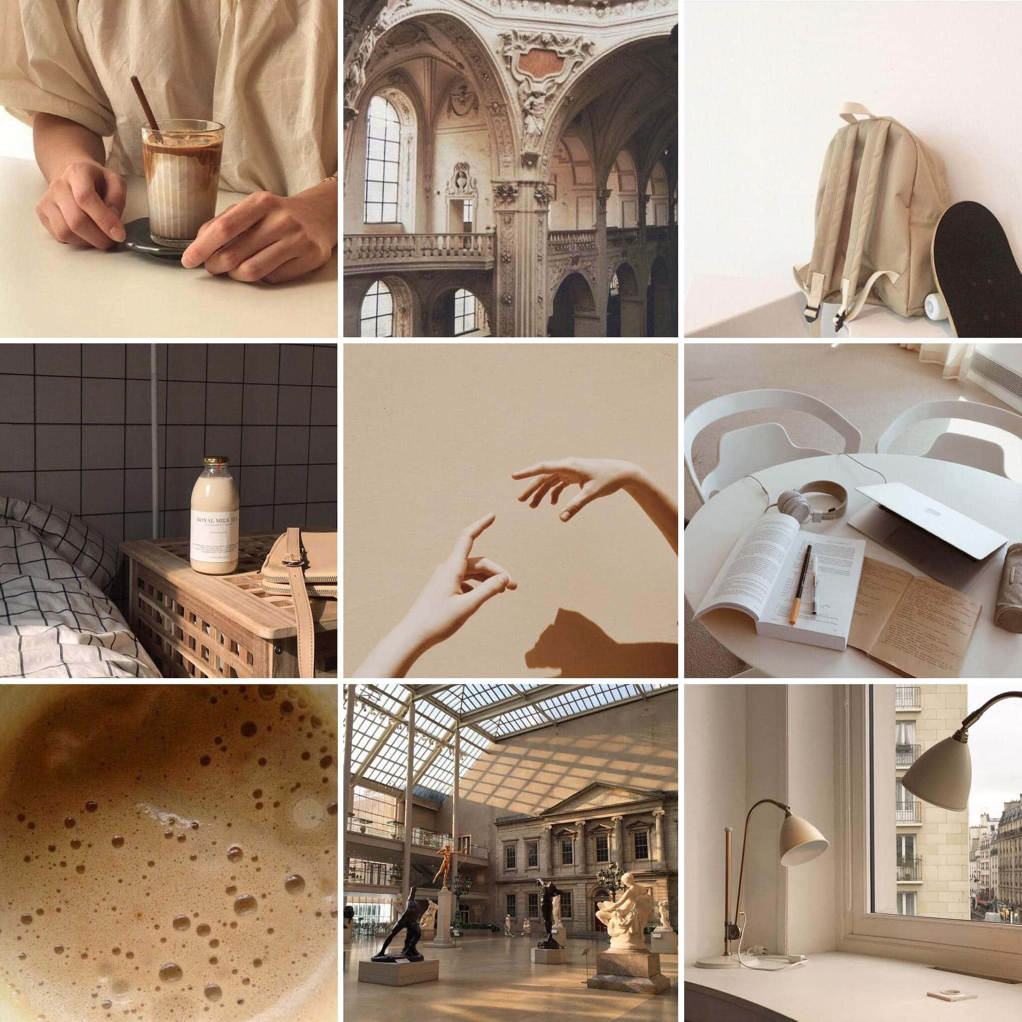 beige cream aesthetic, coffee hands, museum arches, Full HD Desktop Wallpaper