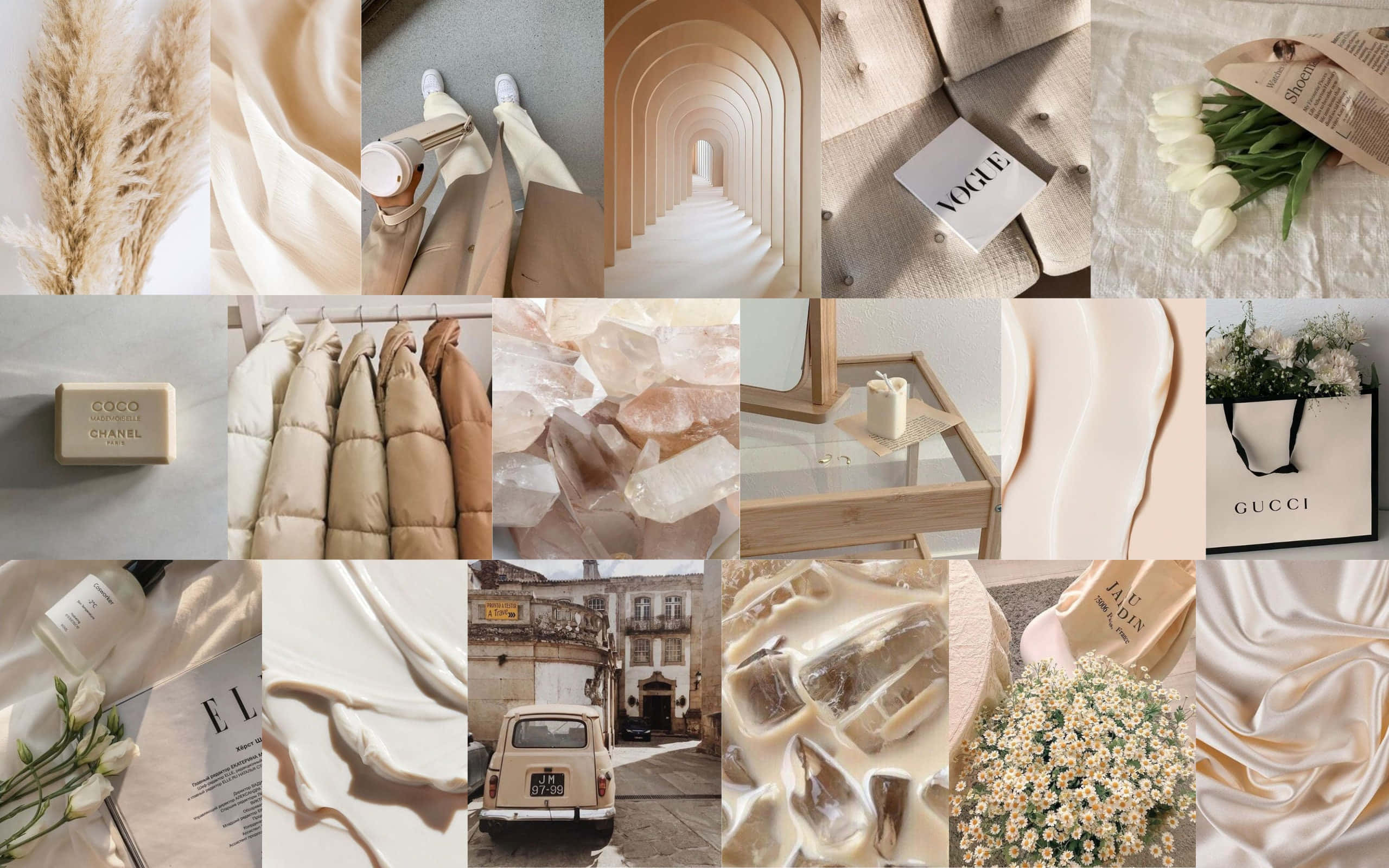 beige cream aesthetic, collage, luxury items, 2K Desktop Wallpaper