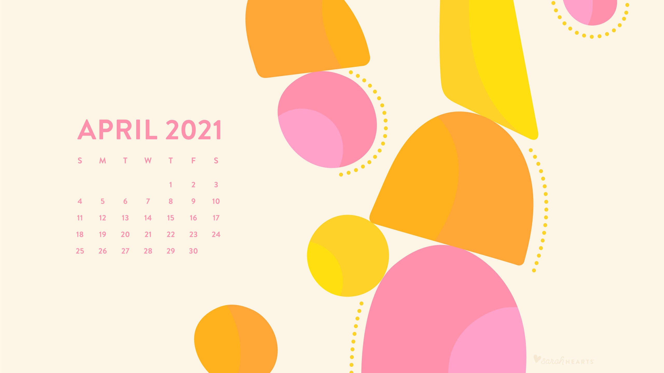 April 2021 calendar, pastel pink, orange abstract shapes, 2K Desktop Wallpaper
