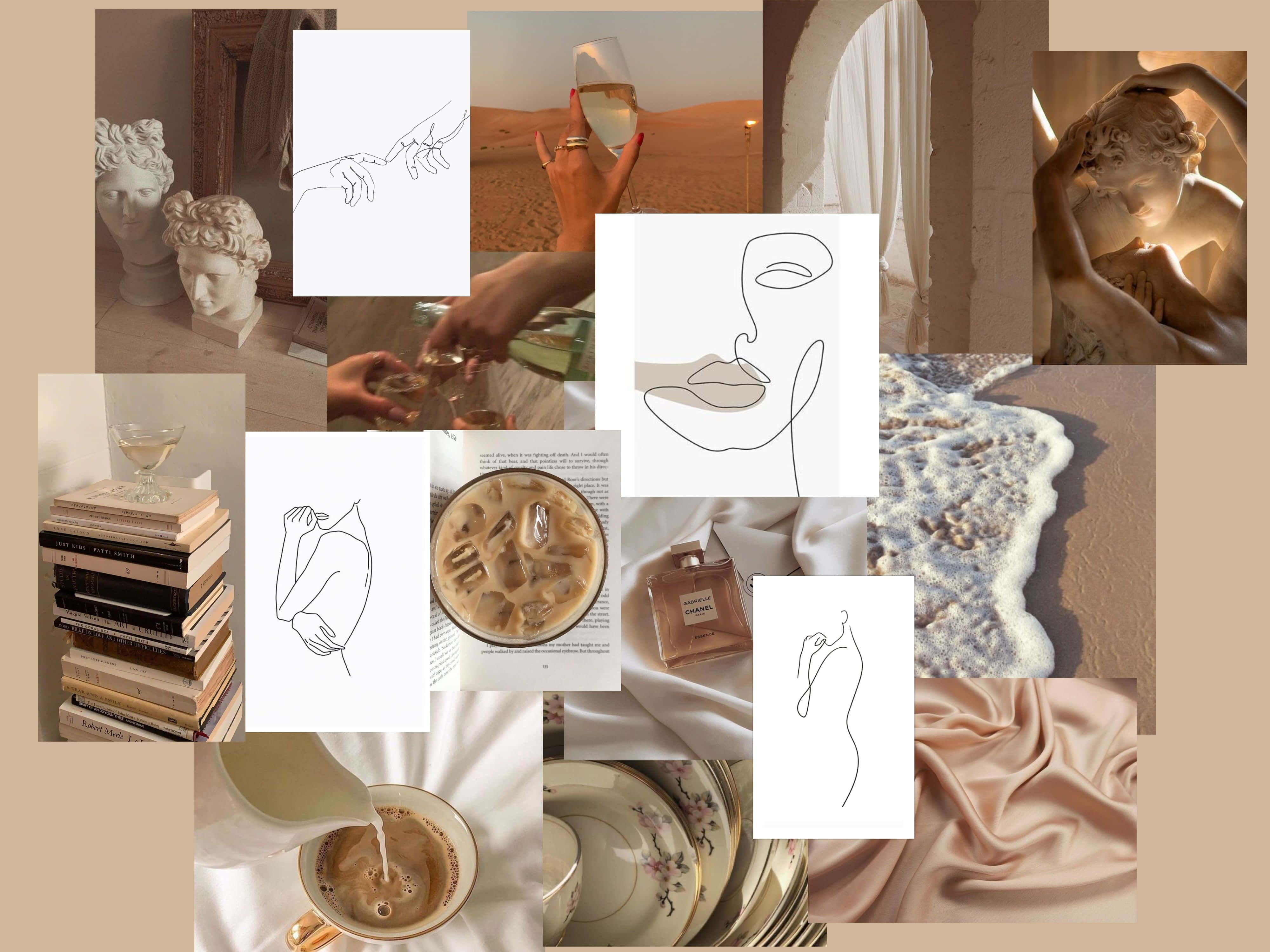 beige cream aesthetic, vintage statues, books, 4K Desktop Wallpaper