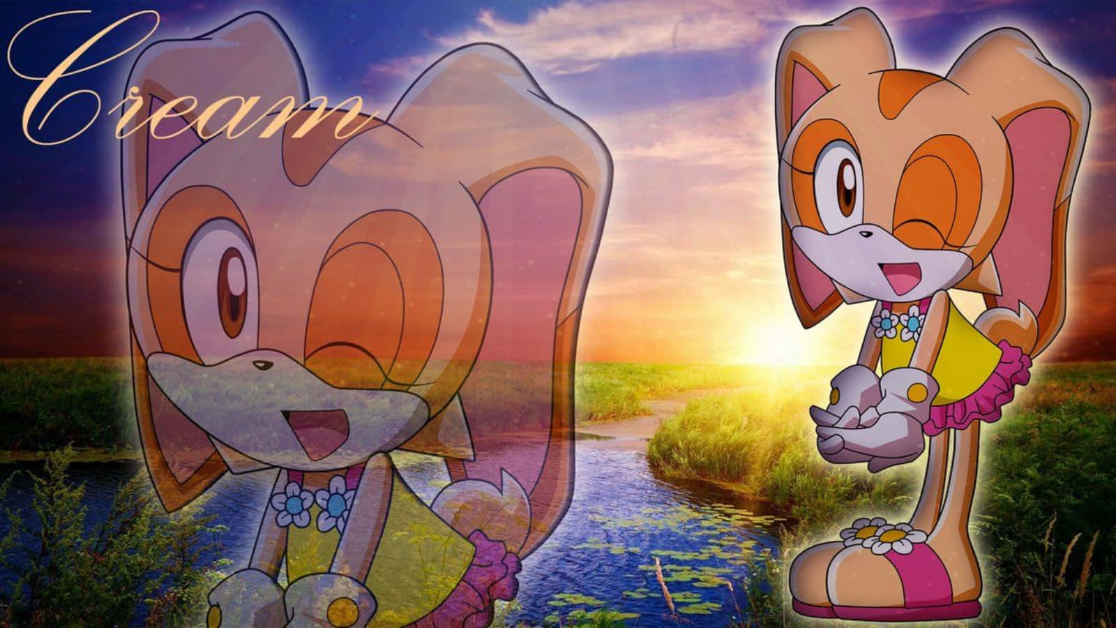 Cream The Rabbit, sunset pond, translucent double exposure effect, HD Desktop Wallpaper