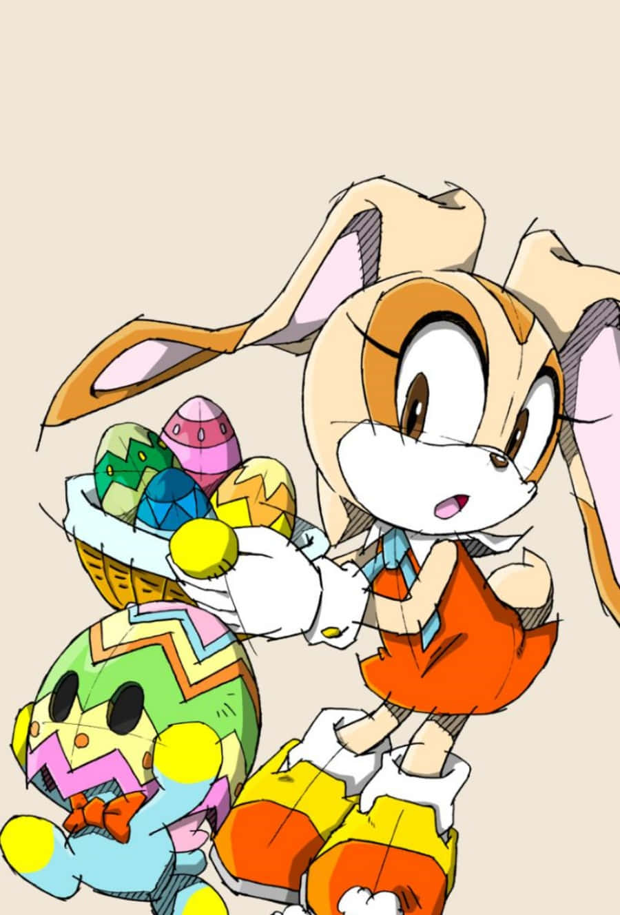Cream The Rabbit, orange dress, basket of colorful patterned Easter eggs, HD Phone Wallpaper