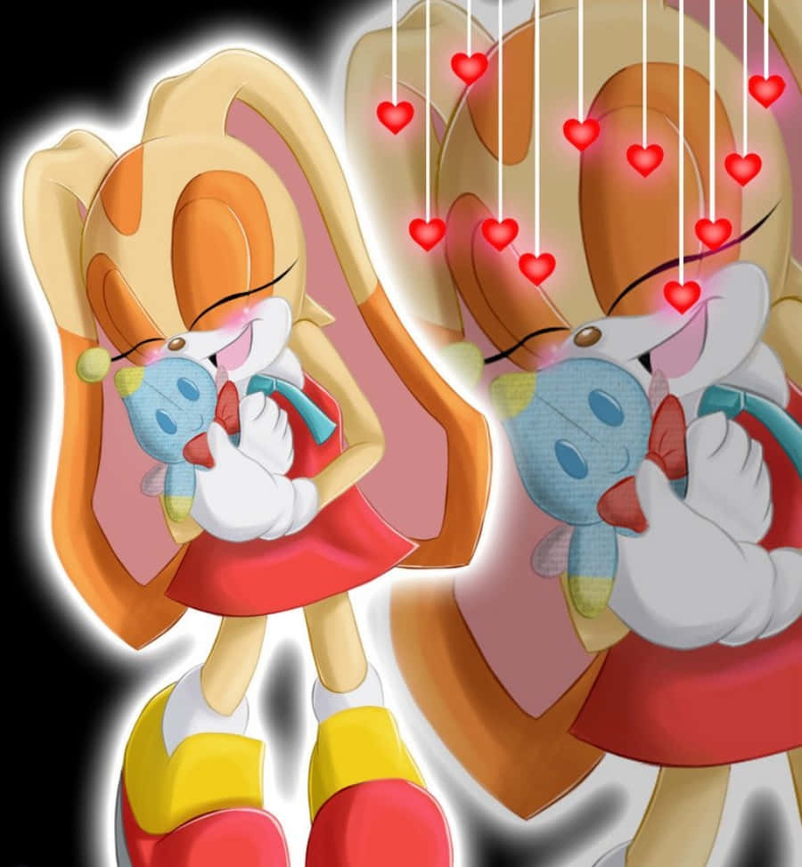 Cream the Rabbit, blue plush toy, glowing hearts, SD Phone Wallpaper