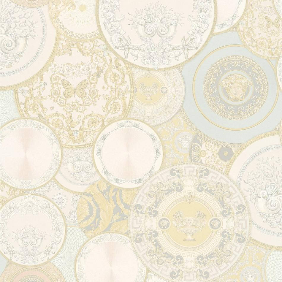 Cream, silver plates, ornate circular medallions, SD Desktop Wallpaper