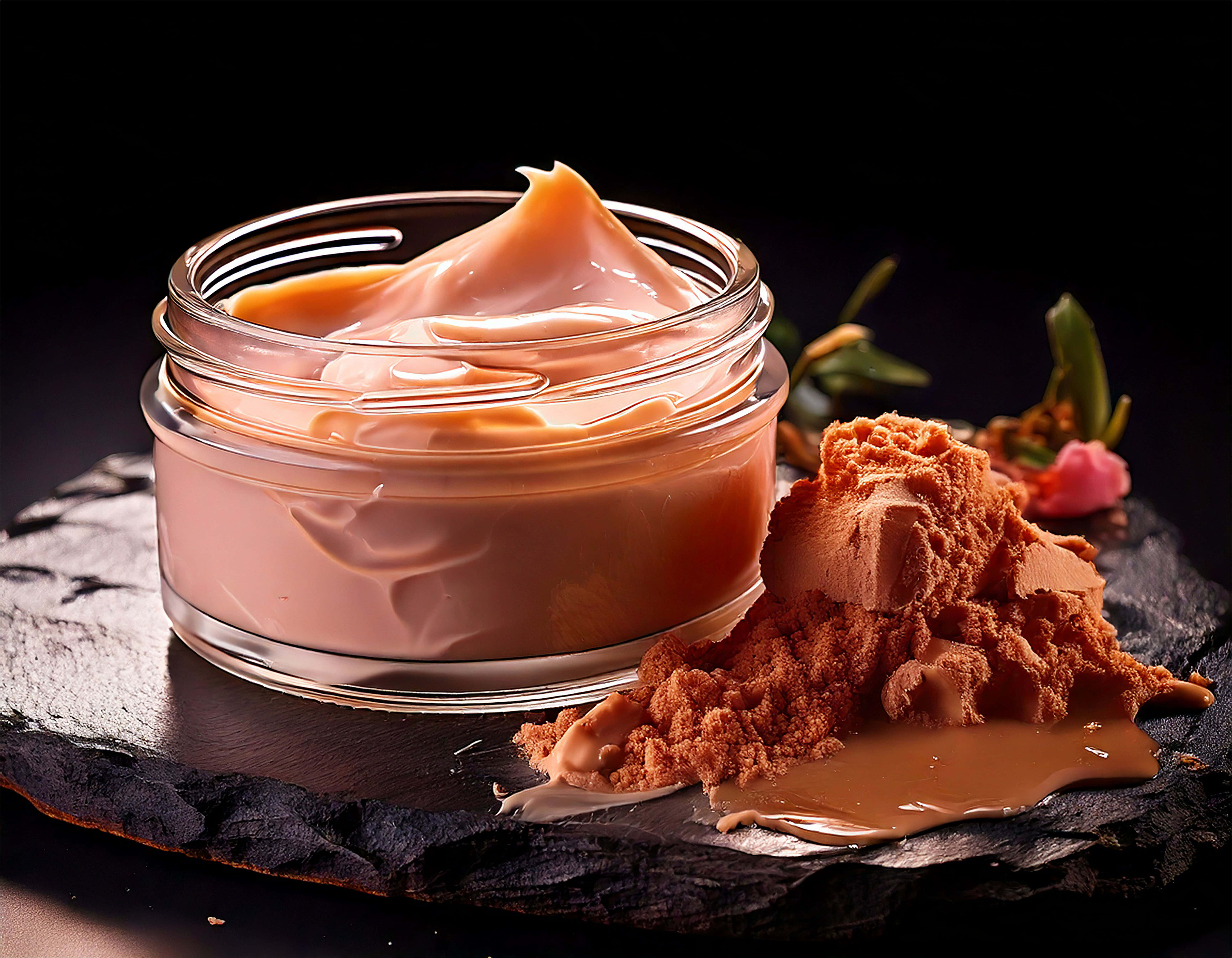 creamy peach-colored body butter, matching powder, dark slate surface, 5K Desktop Wallpaper