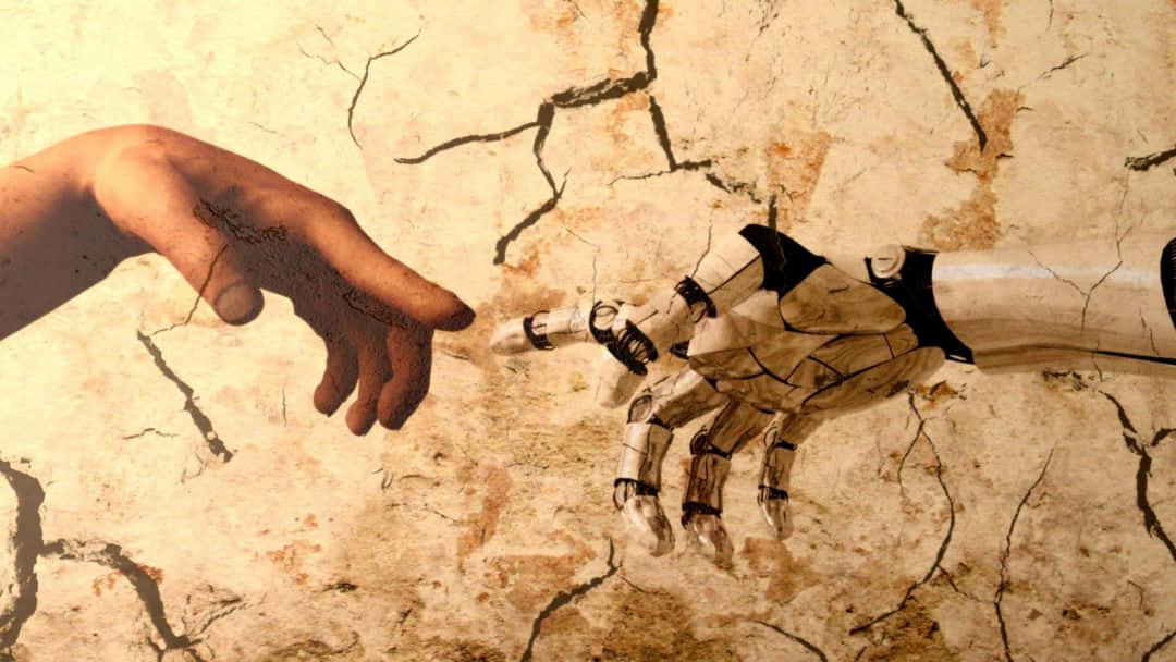 Creation Of Adam 4K, robotic hand, cracked aged wall, SD Desktop Wallpaper