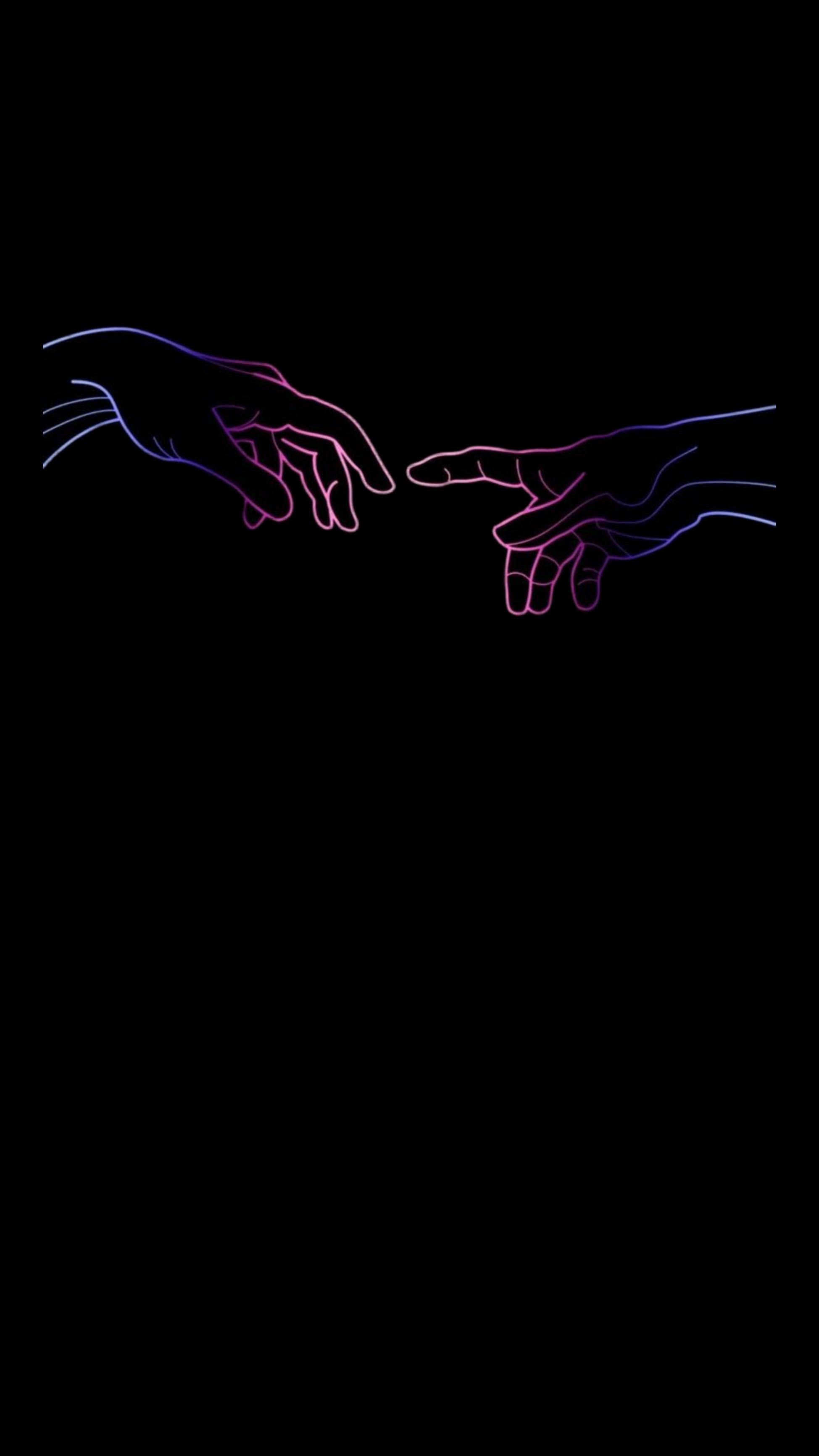 Creation Of Adam, neon-outlined hands, black void, 2K Phone Wallpaper