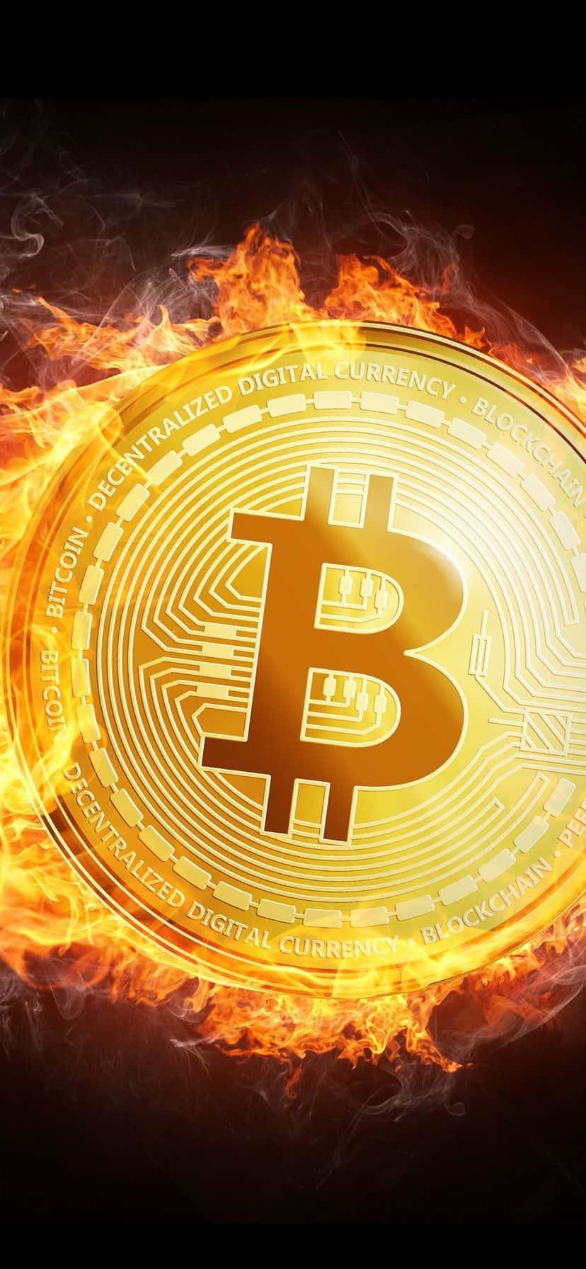 iPhone, golden Bitcoin coin, vibrant orange flames, HD Phone Wallpaper