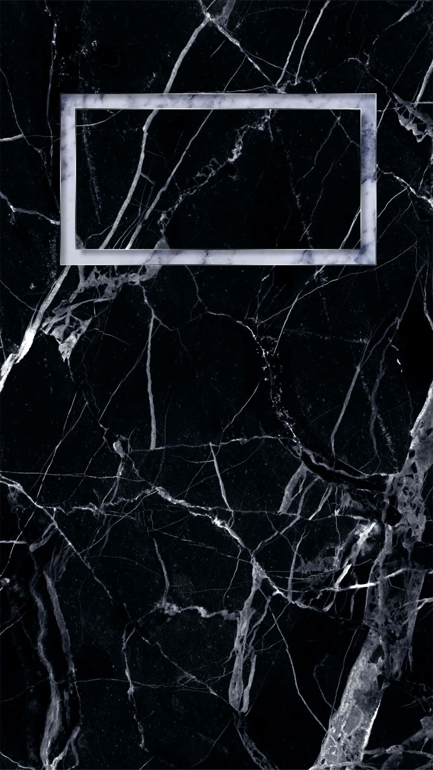 sleek black marble surface, white veins, centered silver rectangle frame, 2K Phone Wallpaper