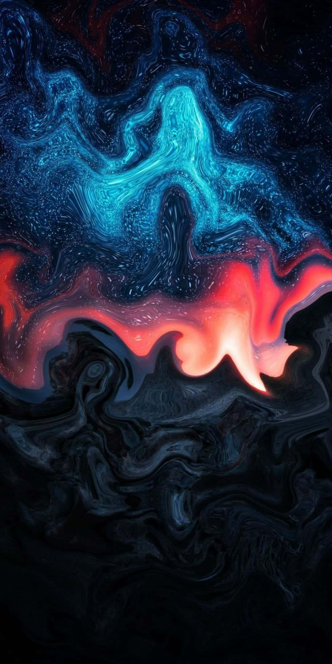 colorful iPhone, vibrant swirling blue and red cosmic fluids, deep black background, Full HD Phone Wallpaper