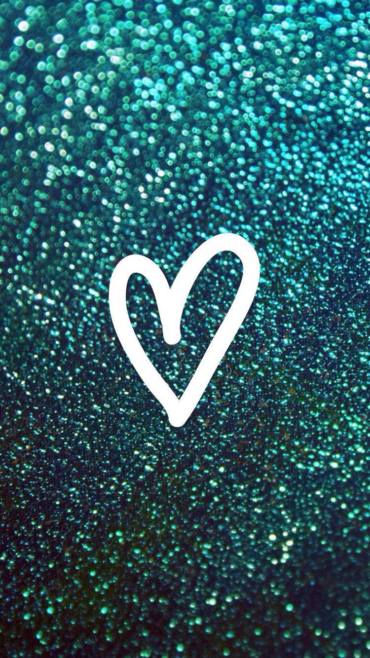 iPhone, white heart outline, teal glitter background, HD Phone Wallpaper