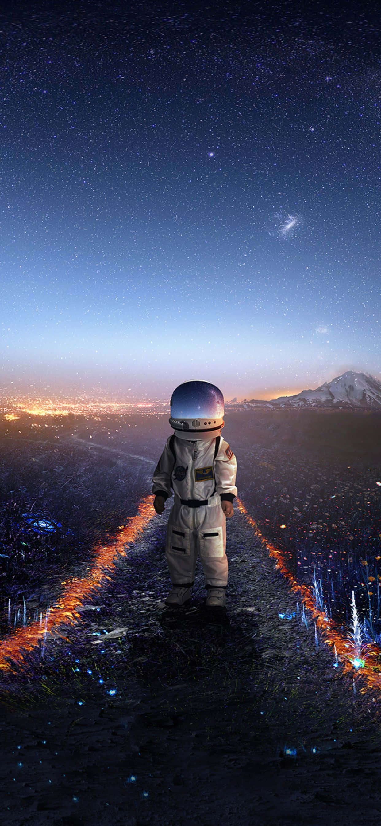 astronaut, glowing path, starry sky, 2K Phone Wallpaper