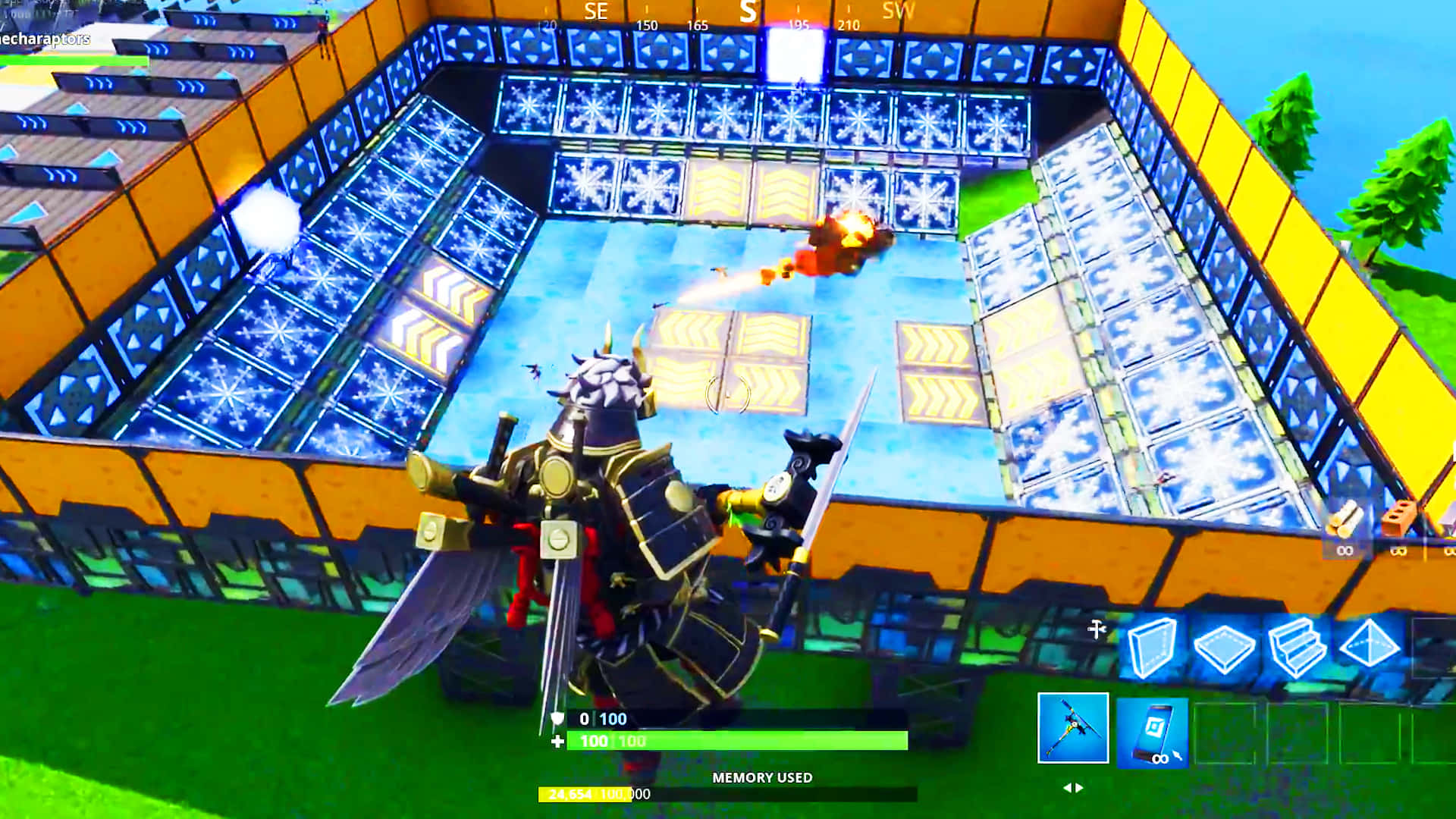 Creative Mode, pixel-art arena, glowing blue tiles, Full HD Desktop Wallpaper