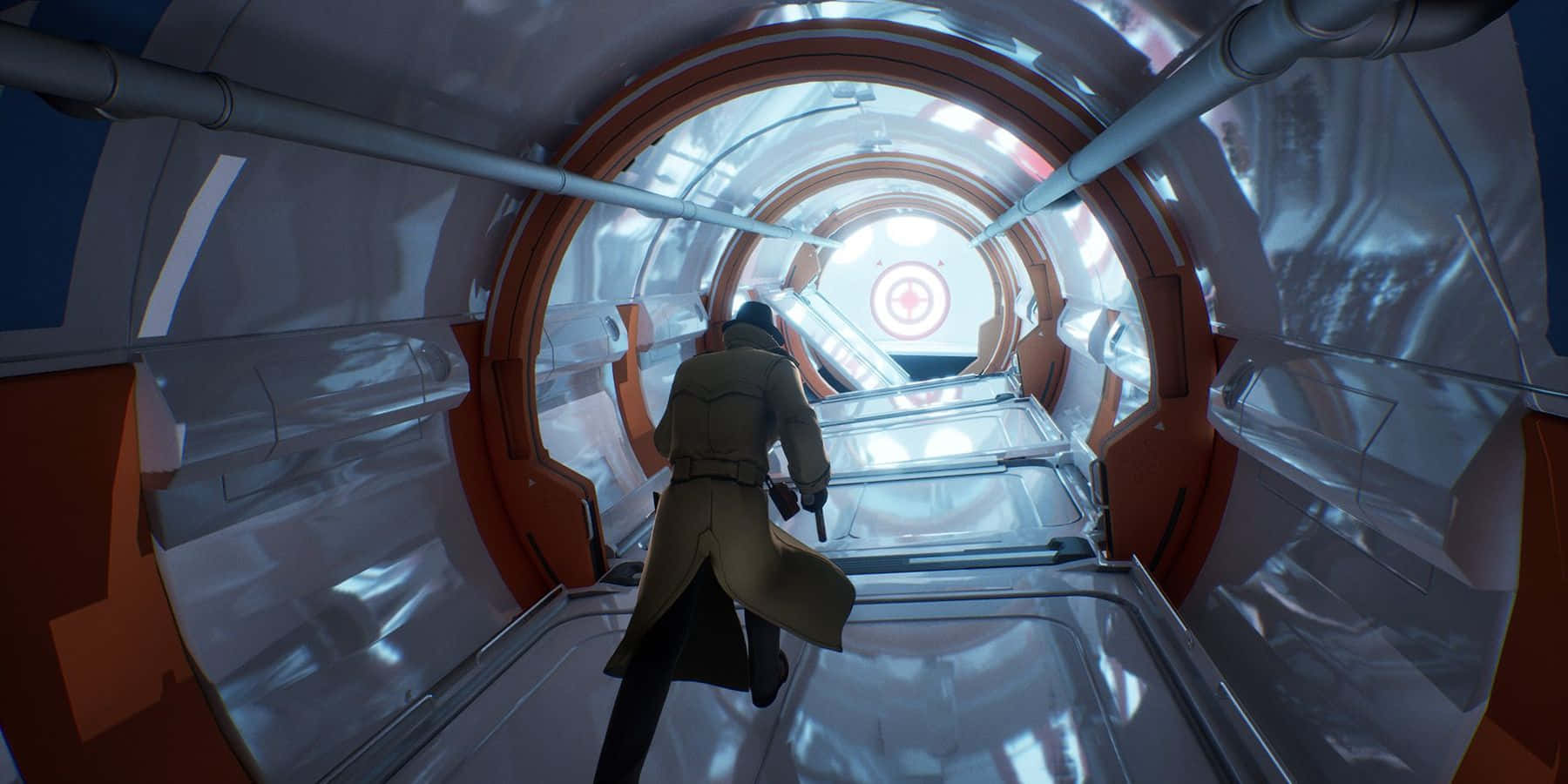 Creative Mode, trench coat, futuristic metallic corridor, HD Desktop Wallpaper