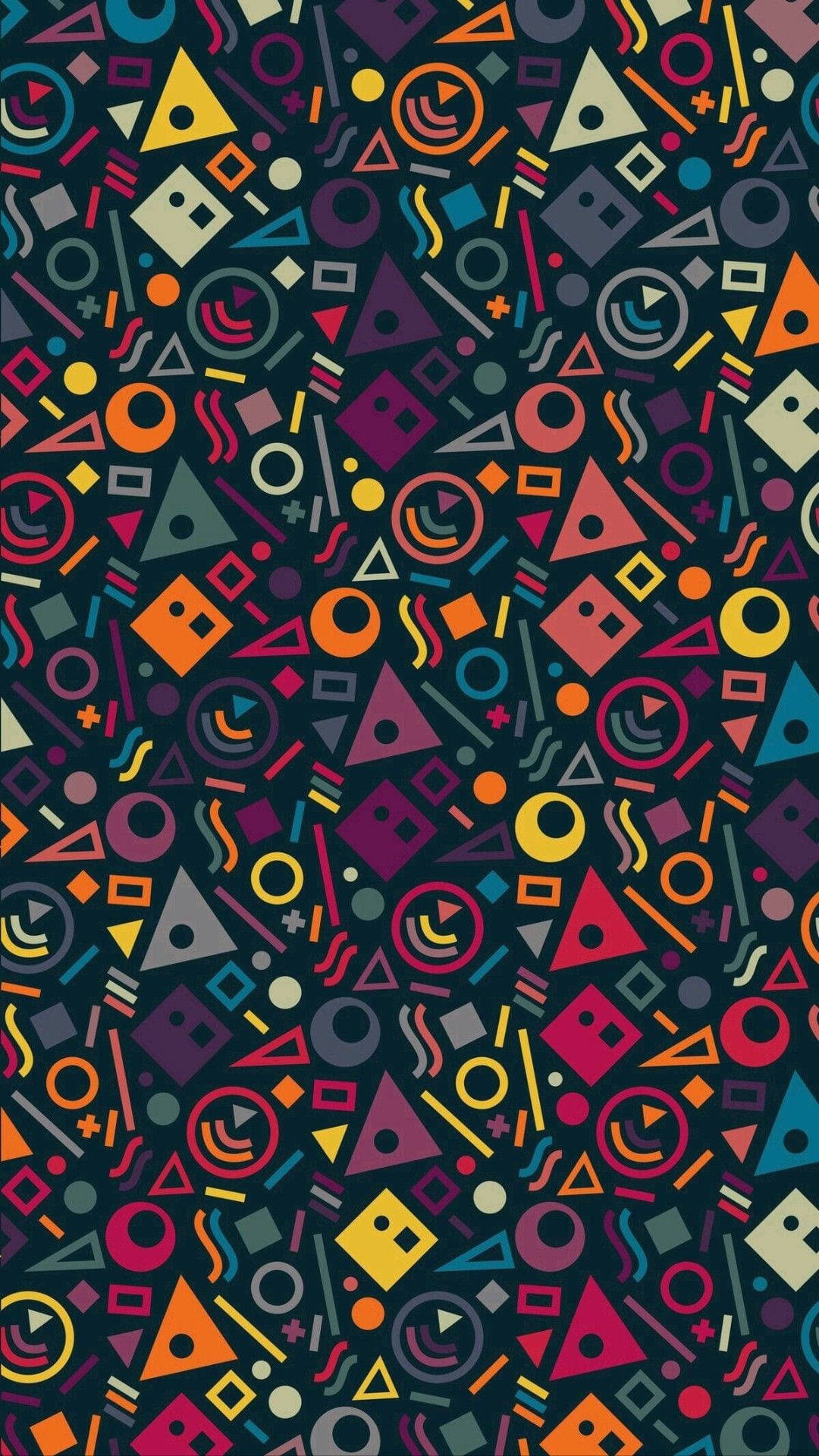 retro geometric shapes, bold colors, dark background, Full HD Phone Wallpaper