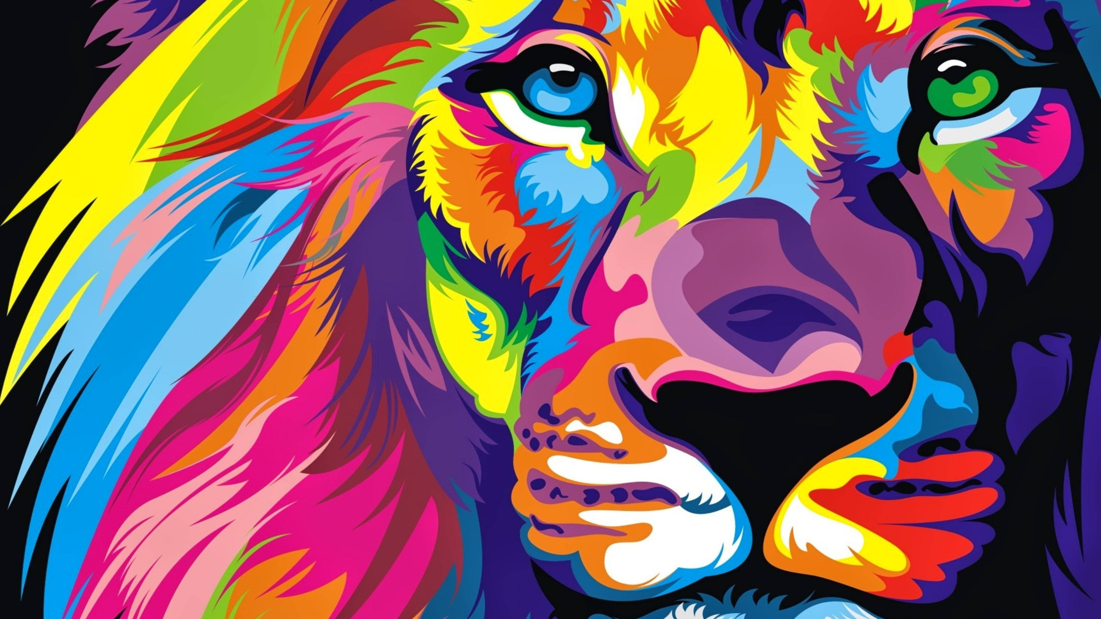 lion, rainbow-colored fur, glowing eyes, 4K Desktop Wallpaper