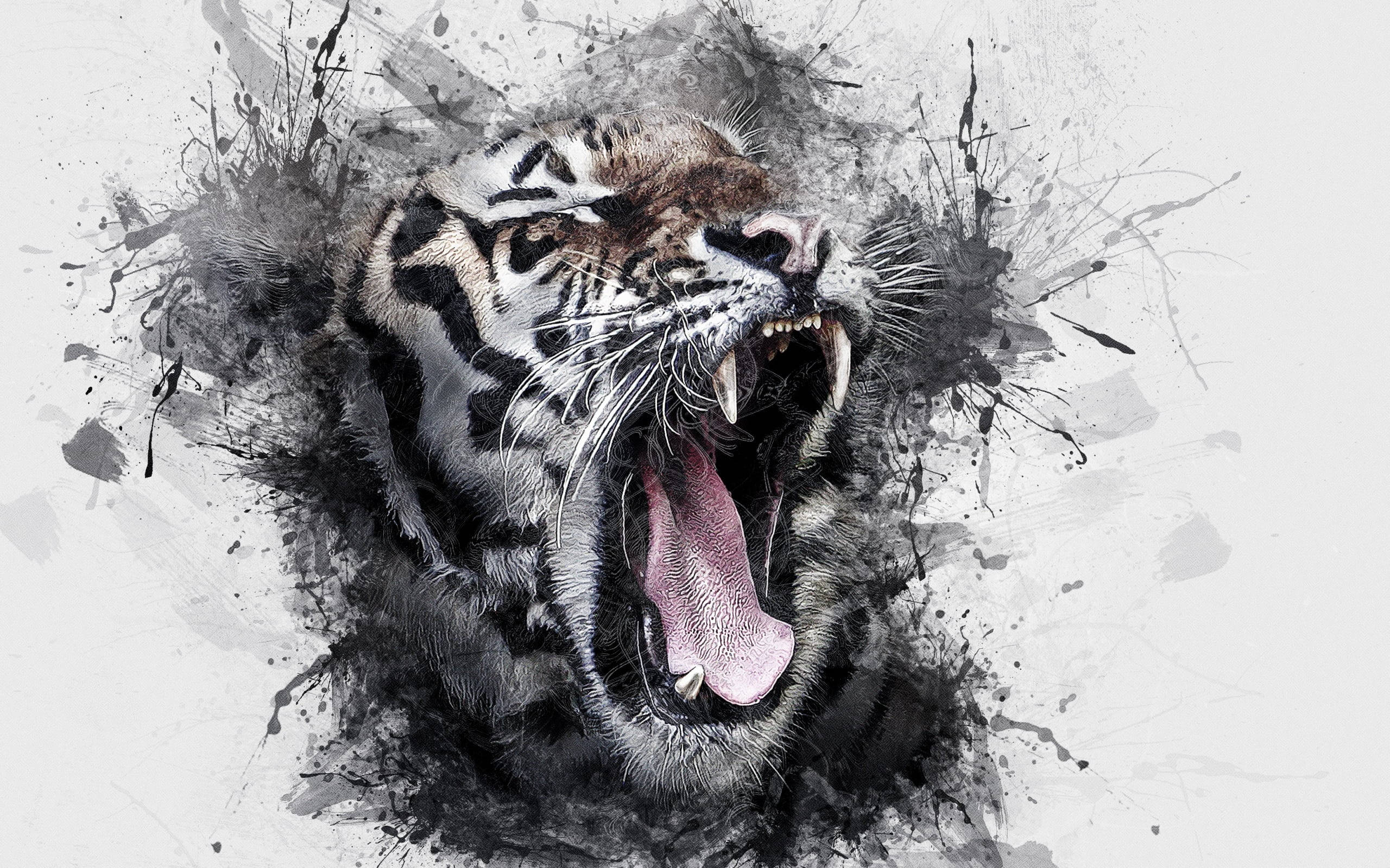 tiger, roaring, black and white ink splatters, 2K Desktop Wallpaper