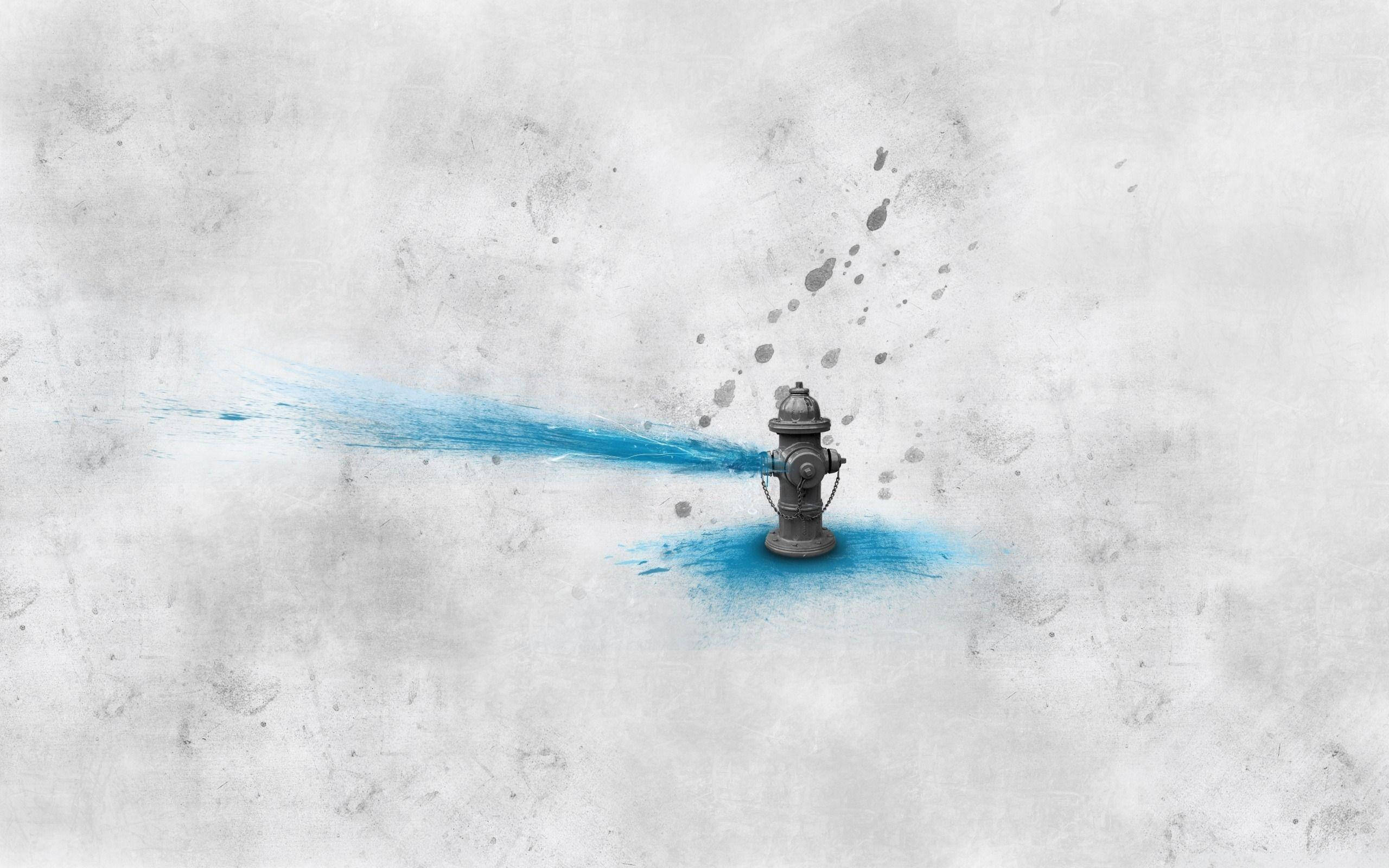 gray fire hydrant, vibrant blue water, textured gray concrete background, 2K Desktop Wallpaper