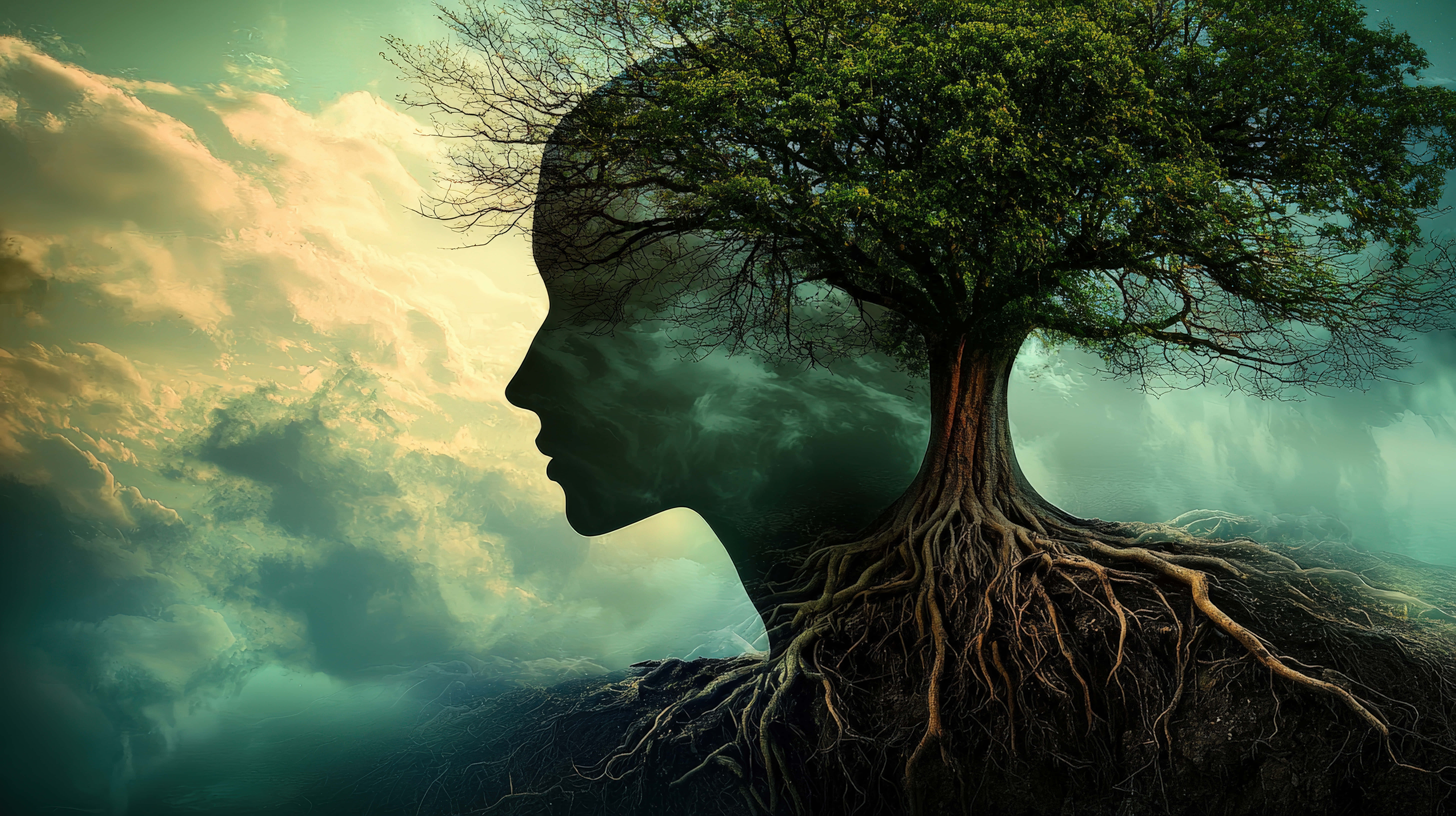 woman's profile, lush tree growing from her head, roots extending from her neck into the earth, 8K Desktop Wallpaper