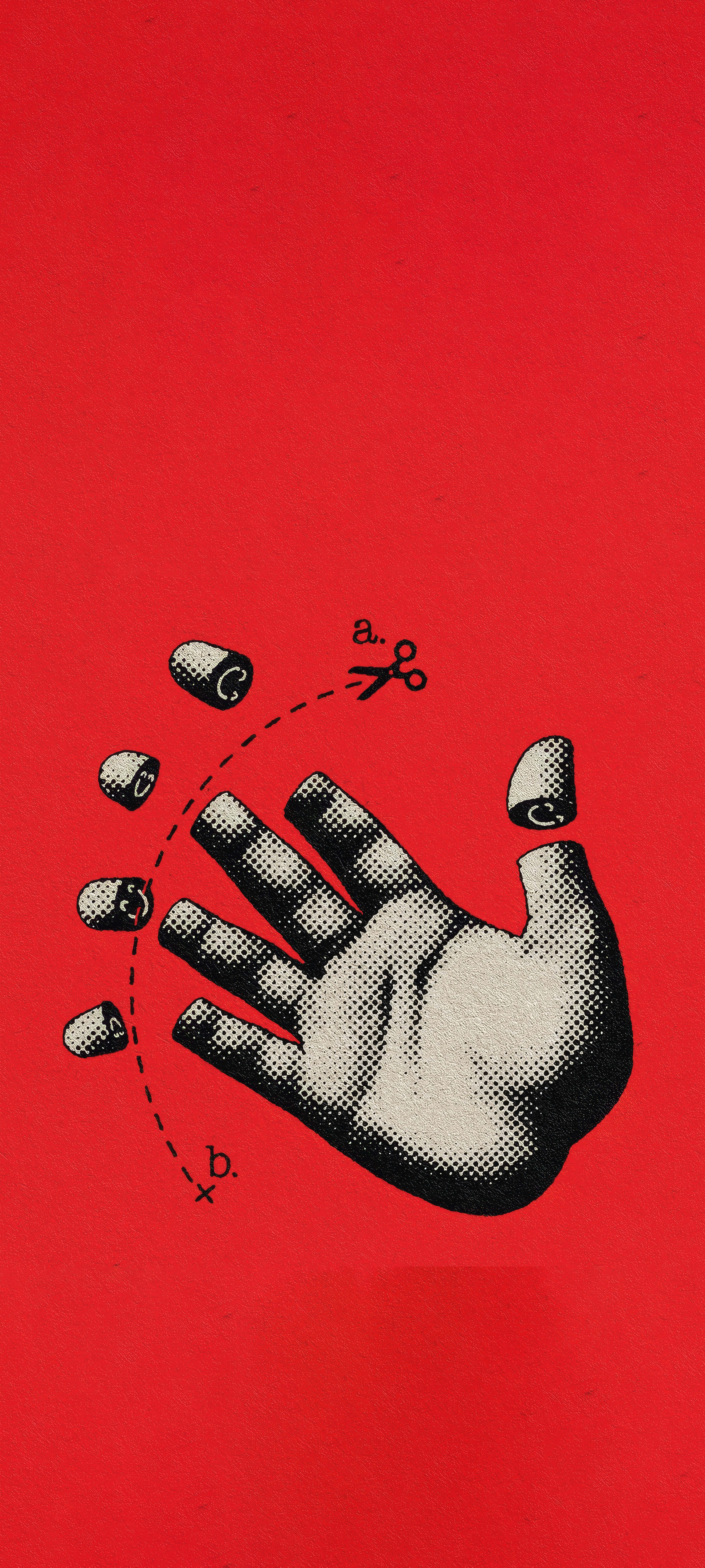 halftone hand, detached fingernails flying away, scissors cut along a dotted line, 5K Phone Wallpaper