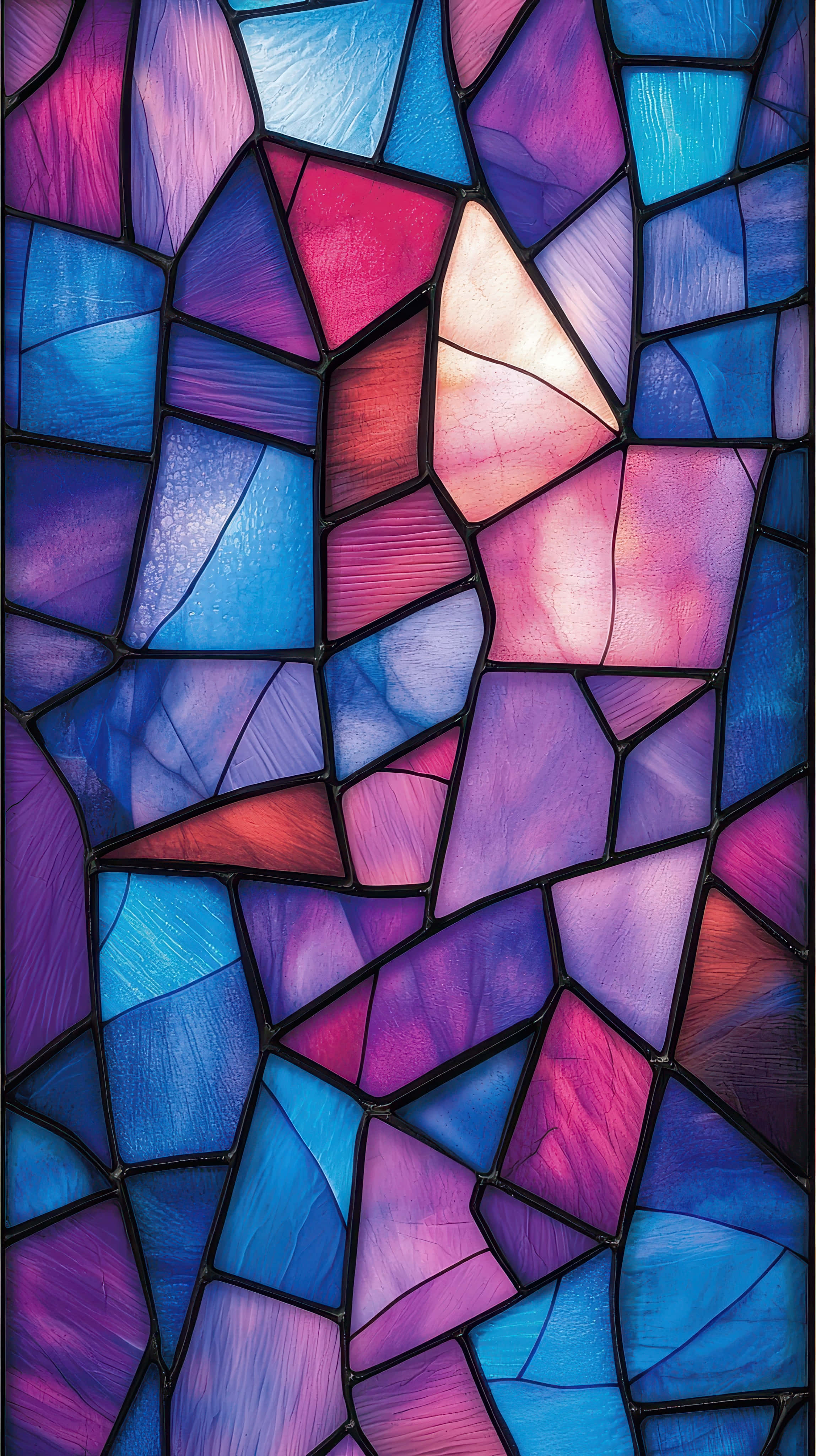 stained glass mosaic, jagged blue purple and pink panels, dark lead lines, 4K Phone Wallpaper
