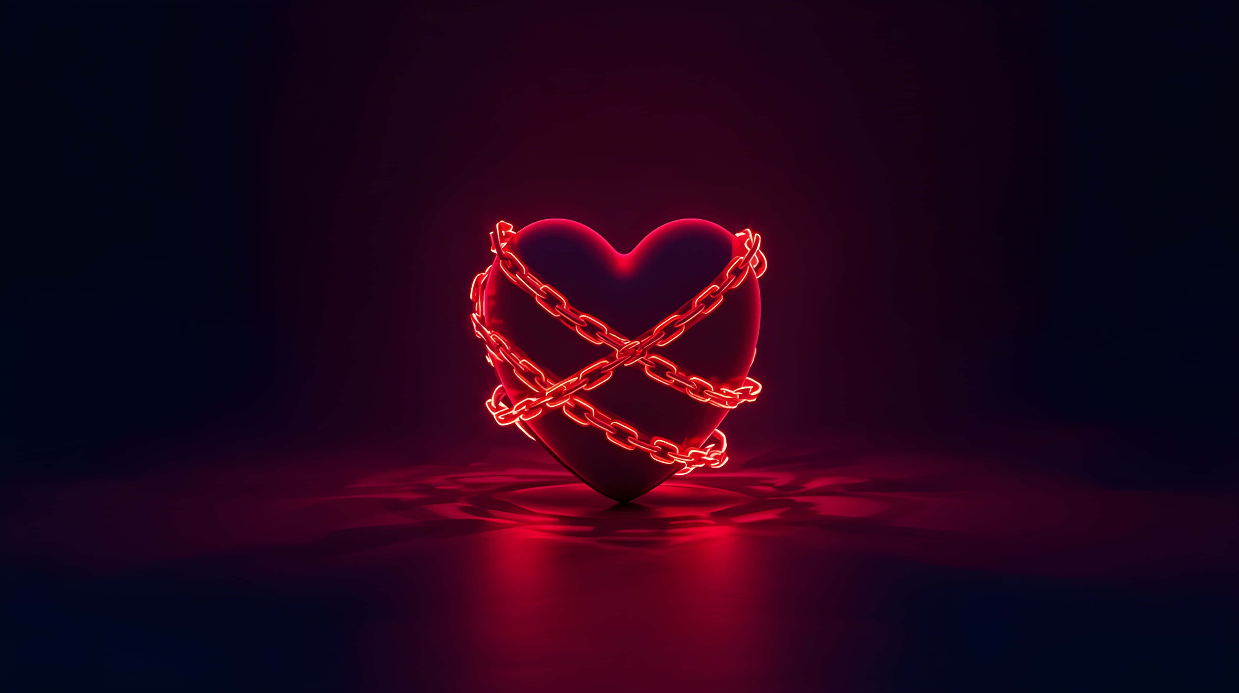 neon red, glowing chained heart, 3D render, 4K Desktop Wallpaper