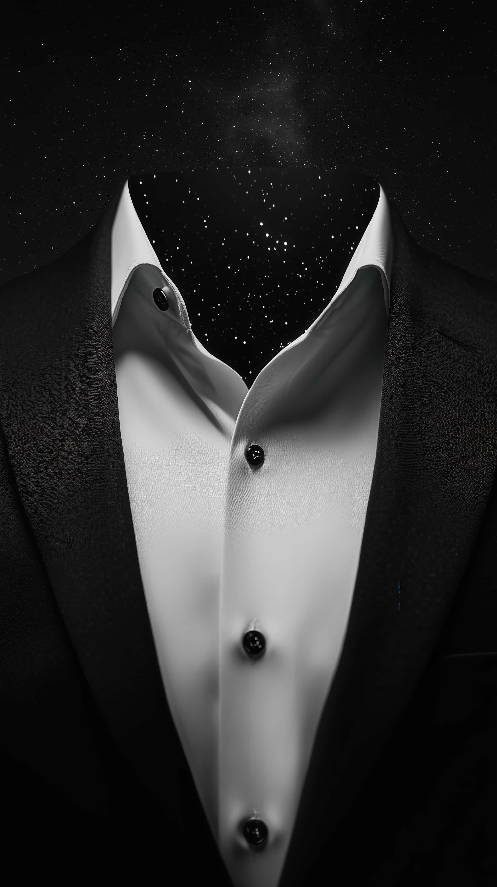 black tuxedo shirt, open collar, starry night sky, 2K Phone Wallpaper