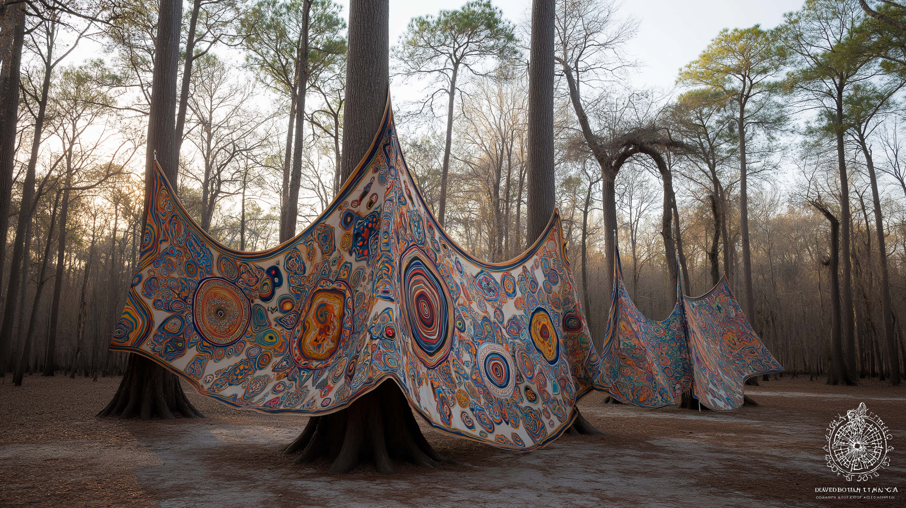 psychedelic tapestries, tall trees, serene forest, 2K Desktop Wallpaper