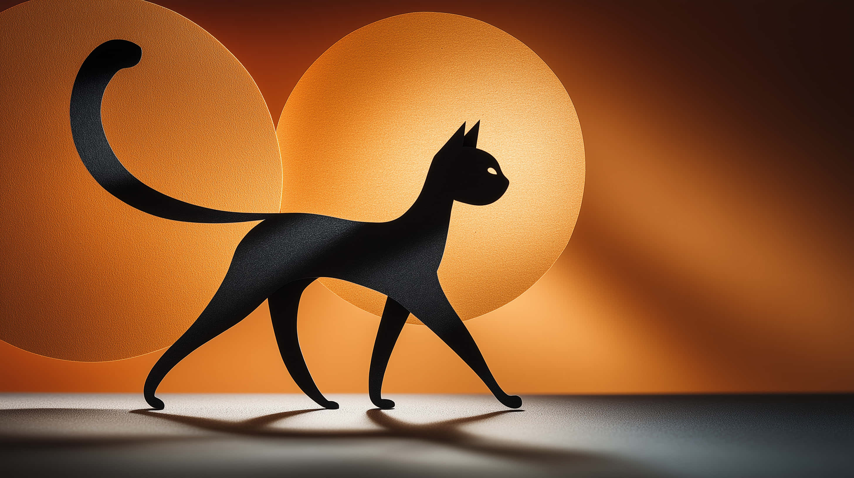 sleek black cat silhouette, warm orange gradient backdrop, soft glowing orbs, 2K Desktop Wallpaper