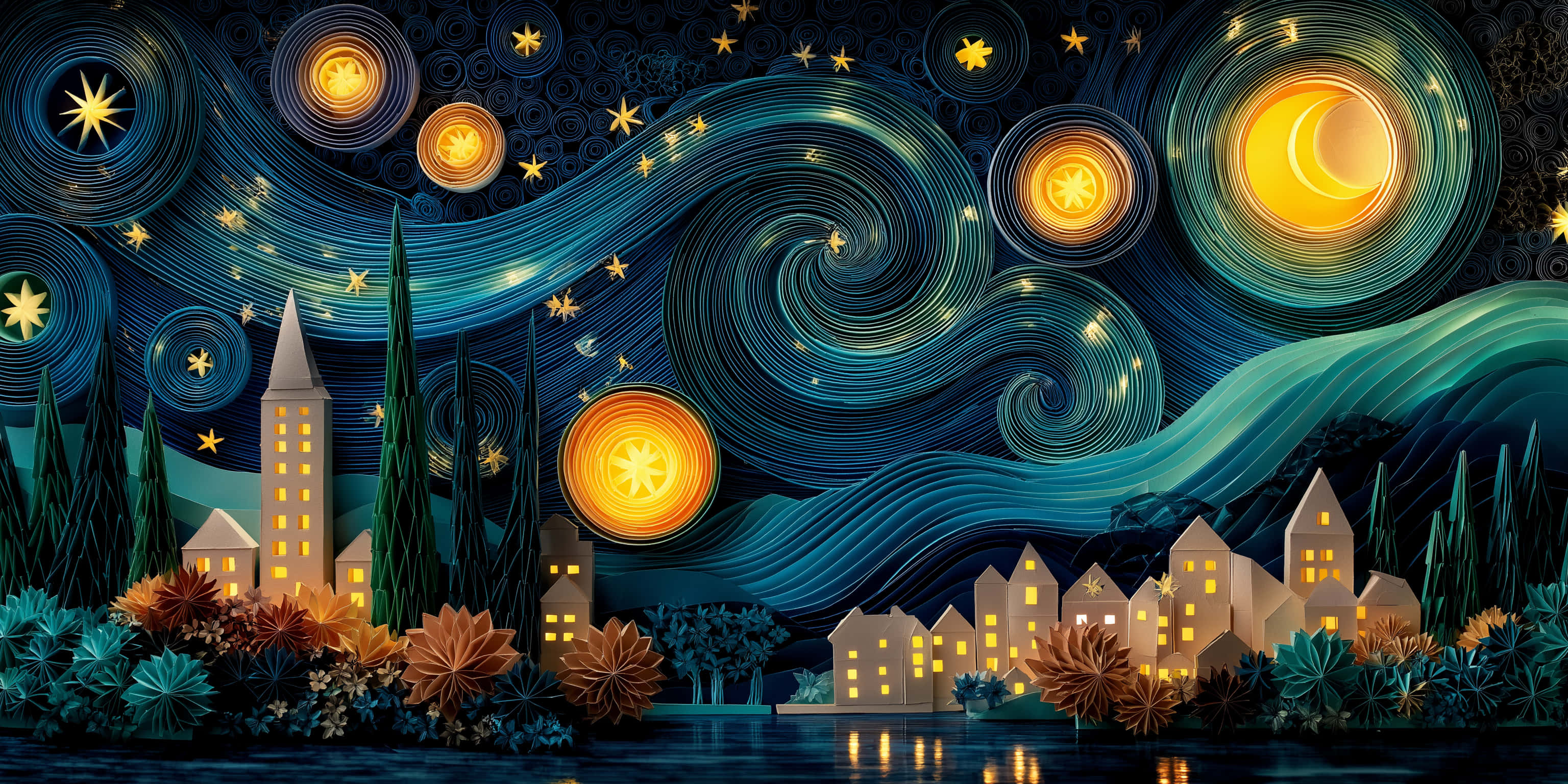 paper quilling, night sky, cozy town, 2K Desktop Wallpaper
