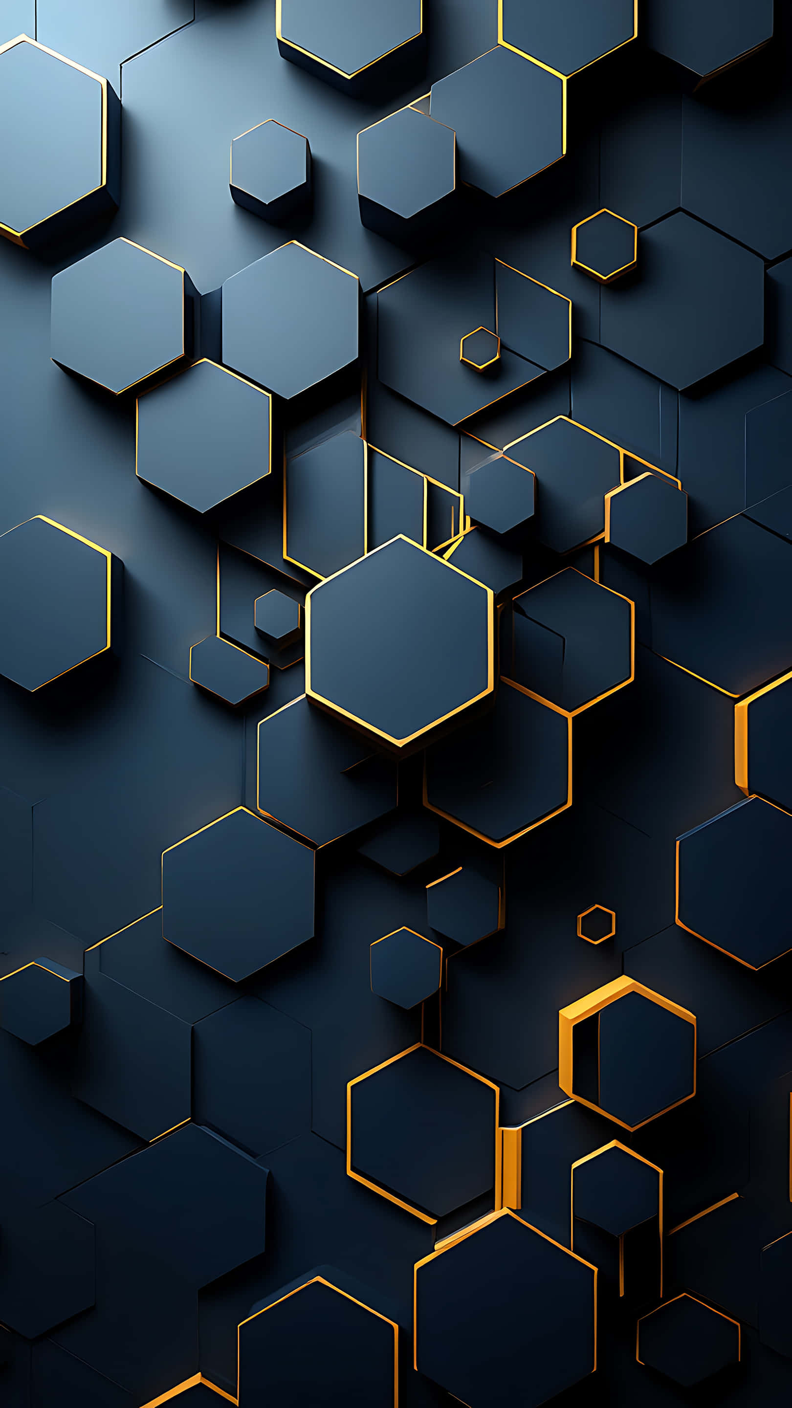 3d hexagon pattern, dark blue, gold, 2K Phone Wallpaper