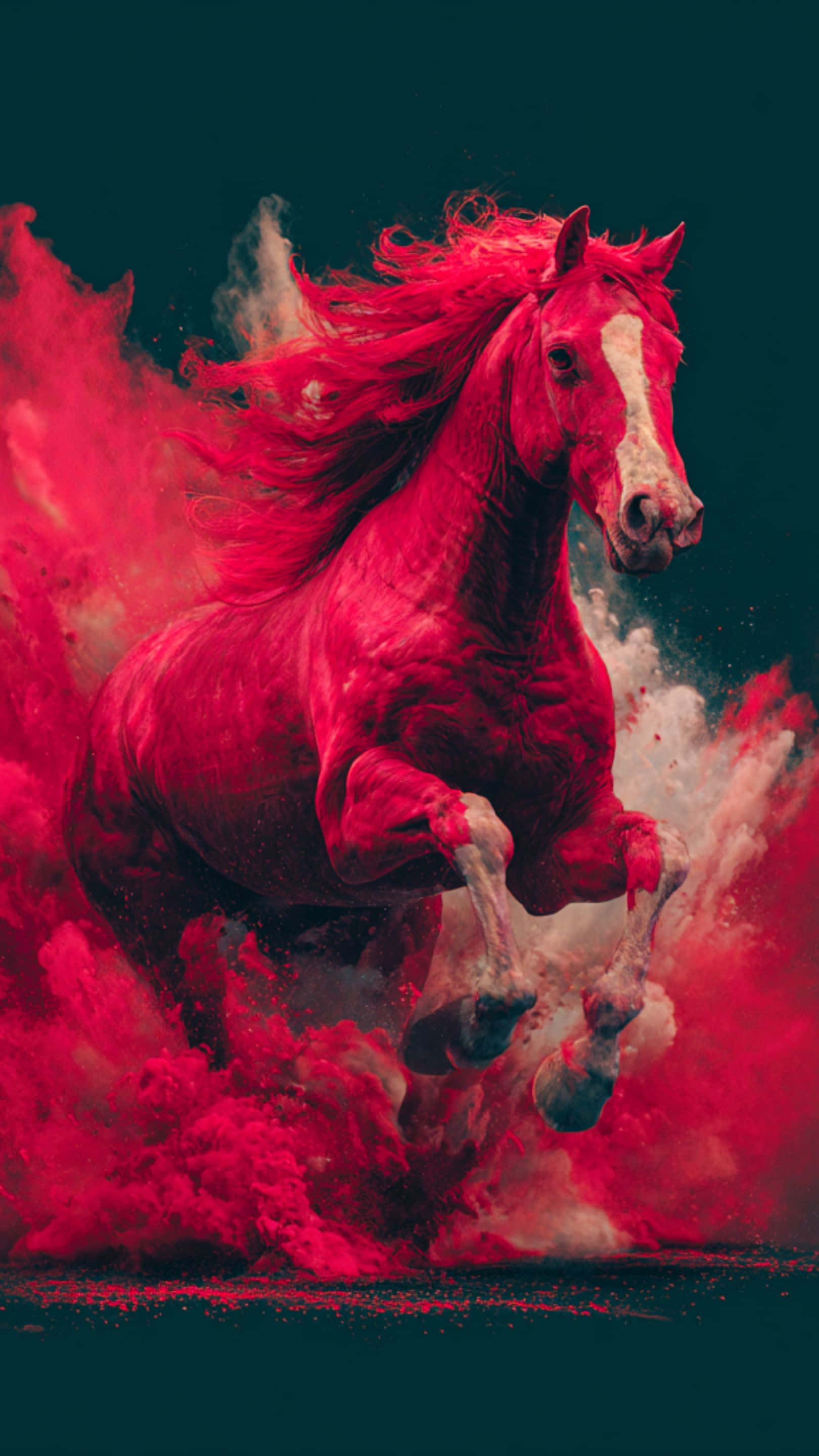 majestic red horse, explosion of vibrant crimson and white powder, dark teal background, 2K Phone Wallpaper