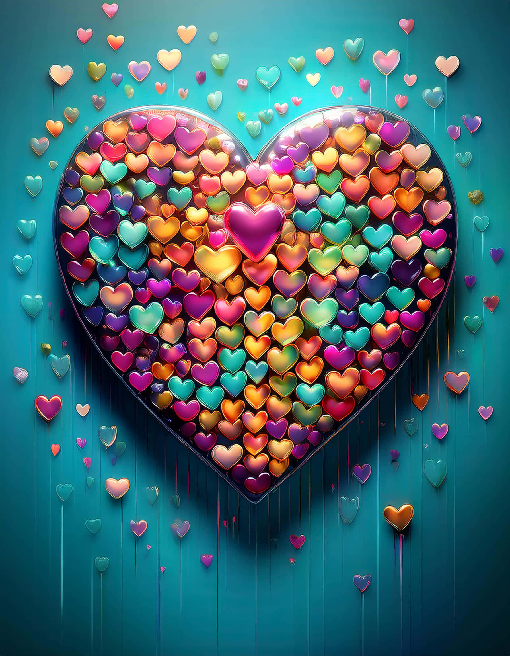 multicolored glossy hearts, teal background, falling hearts, Full HD Phone Wallpaper