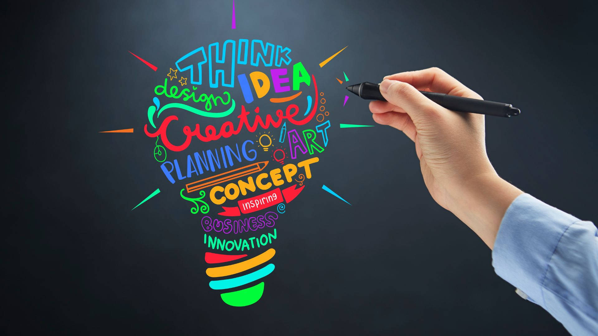 The Creativity Word, vibrant colorful lightbulb, words like think idea creative, Full HD Desktop Wallpaper