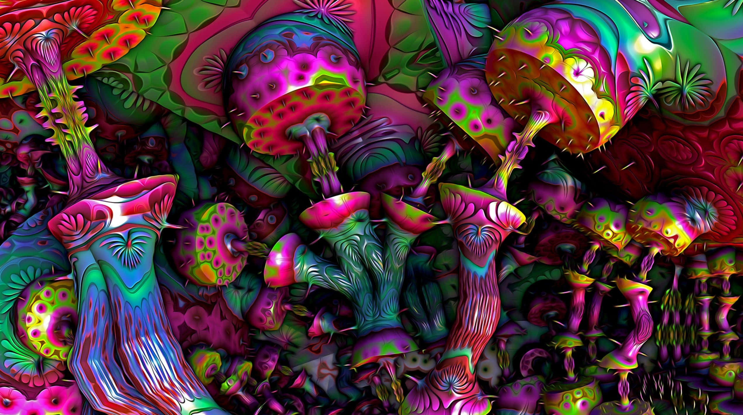 psychedelic mushrooms, glowing patterns, spiky caps, Full HD Desktop Wallpaper