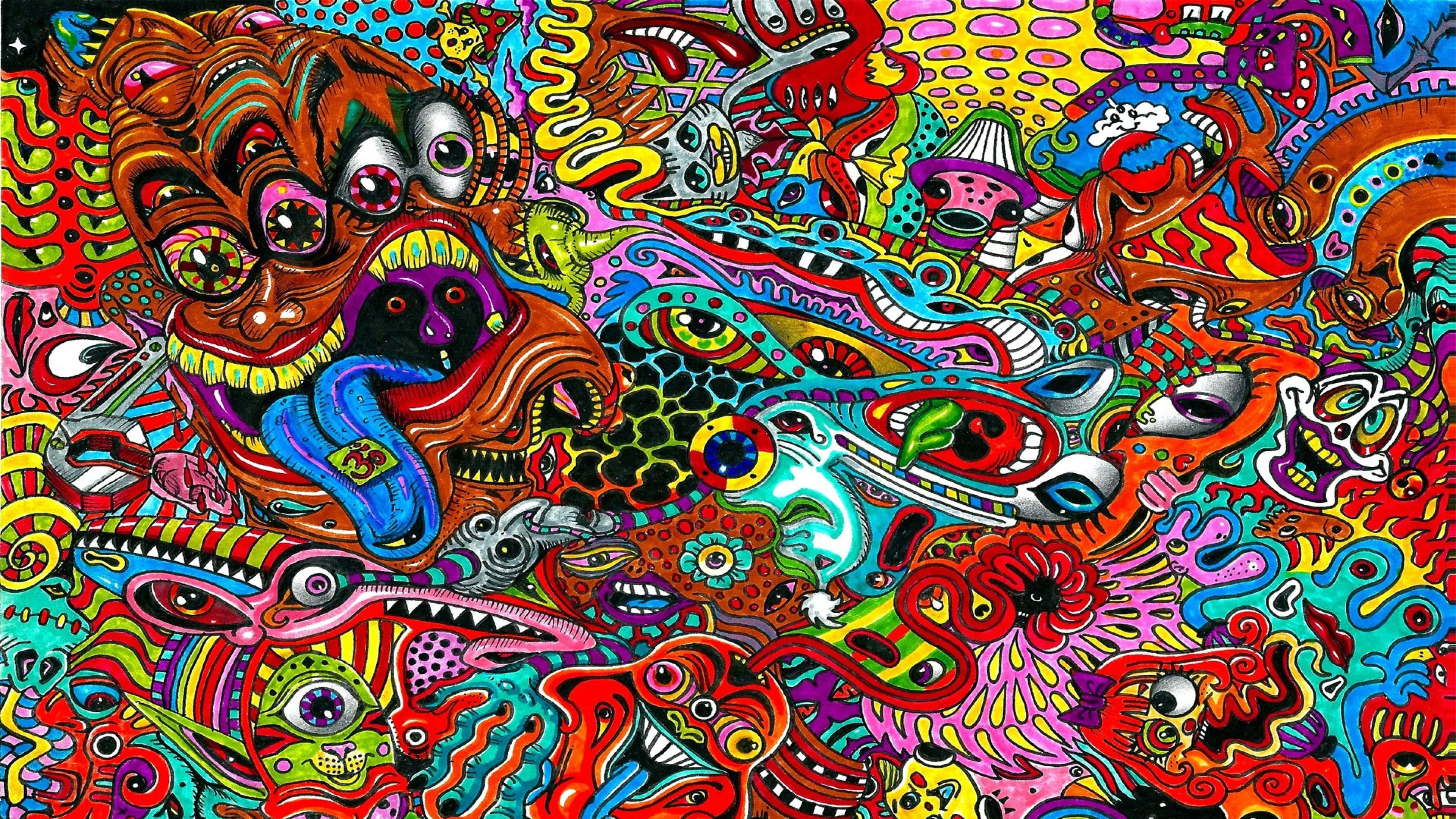 psychedelic creatures, multiple eyes, surreal patterns, 4K Desktop Wallpaper