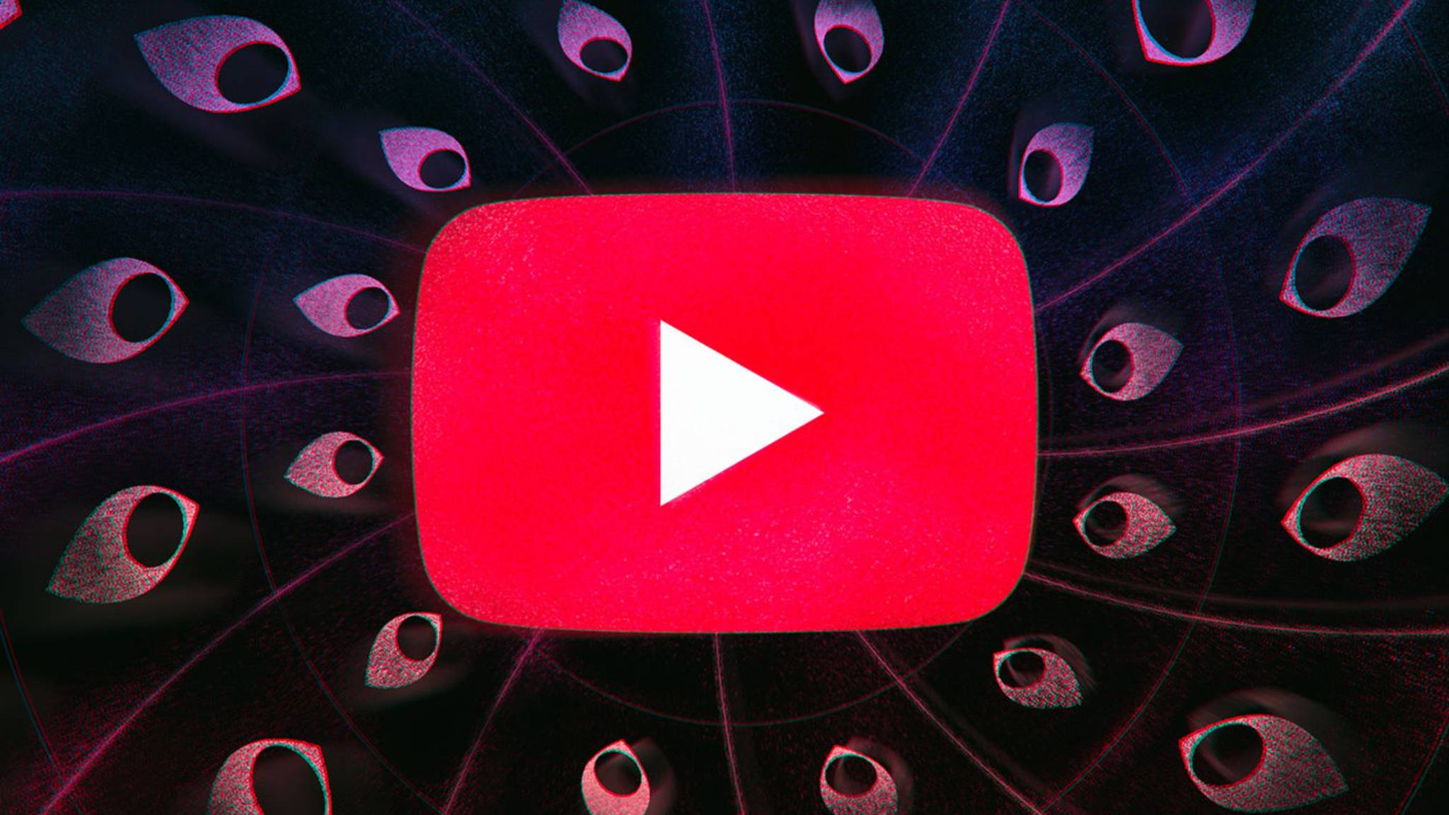 glowing red YouTube play button, floating stylized eyes, dark cosmic background, Full HD Desktop Wallpaper