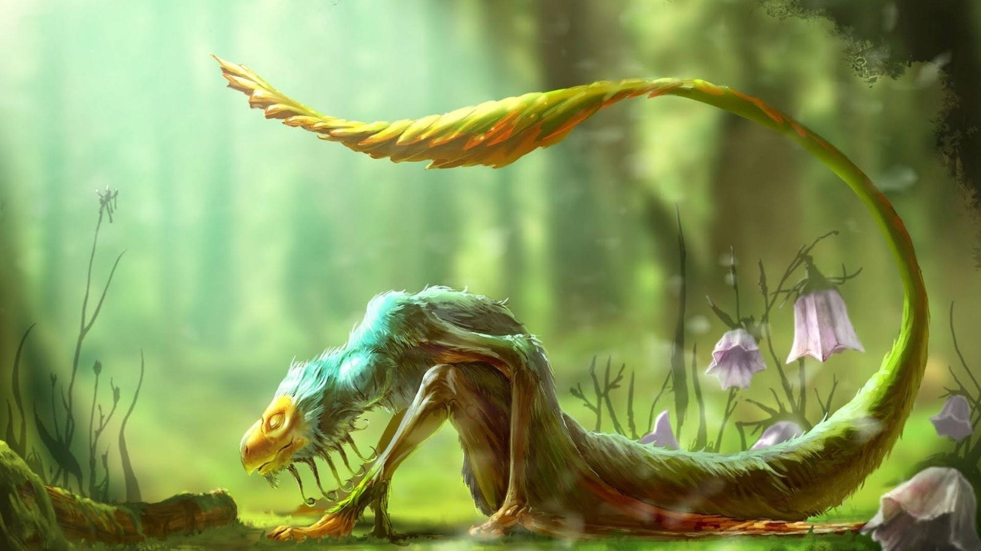 green bird, mythical creature, leafy tail, Full HD Desktop Wallpaper
