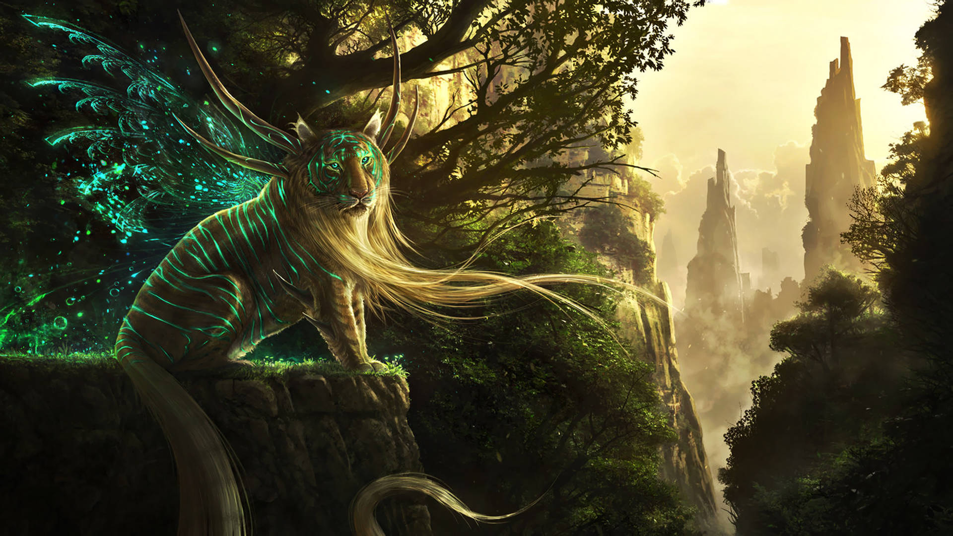 mythical creature, winged tiger, glowing tiger, Full HD Desktop Wallpaper