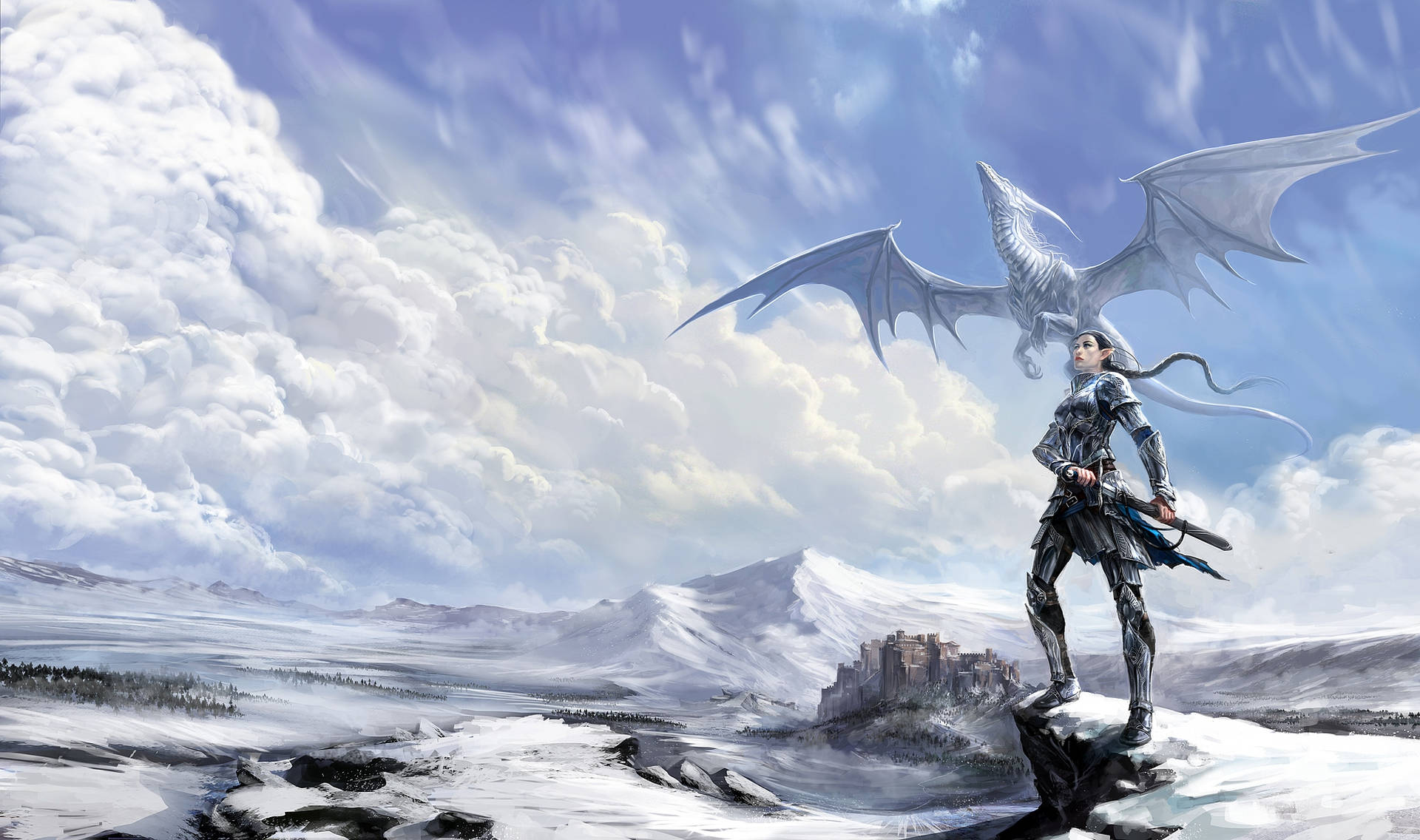 warrior, silver dragon, snowy cliff, Full HD Desktop Wallpaper