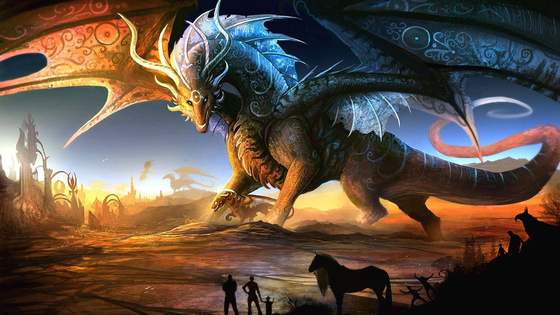 blue and gold dragon, ornate wings, fantasy landscape, Full HD Desktop Wallpaper
