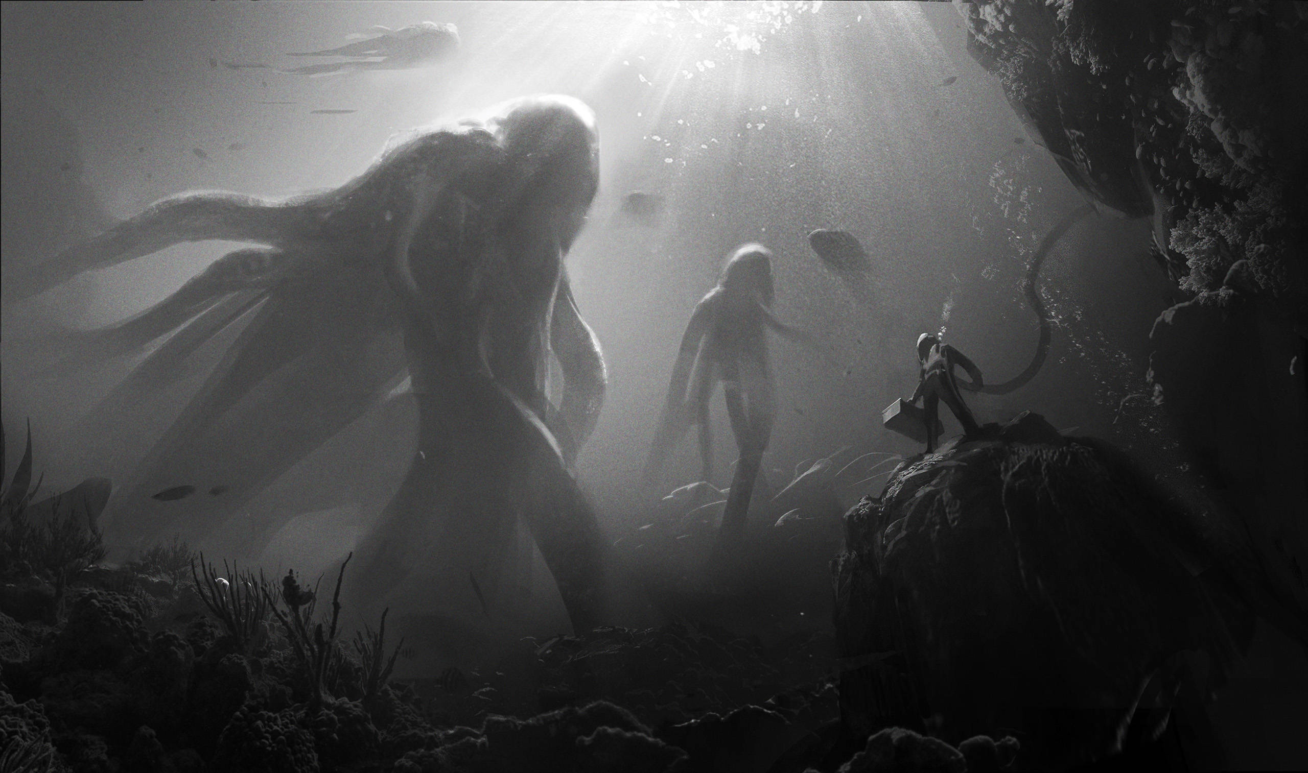 monochrome underwater scene, giant mythical creatures, divers, 2K Desktop Wallpaper