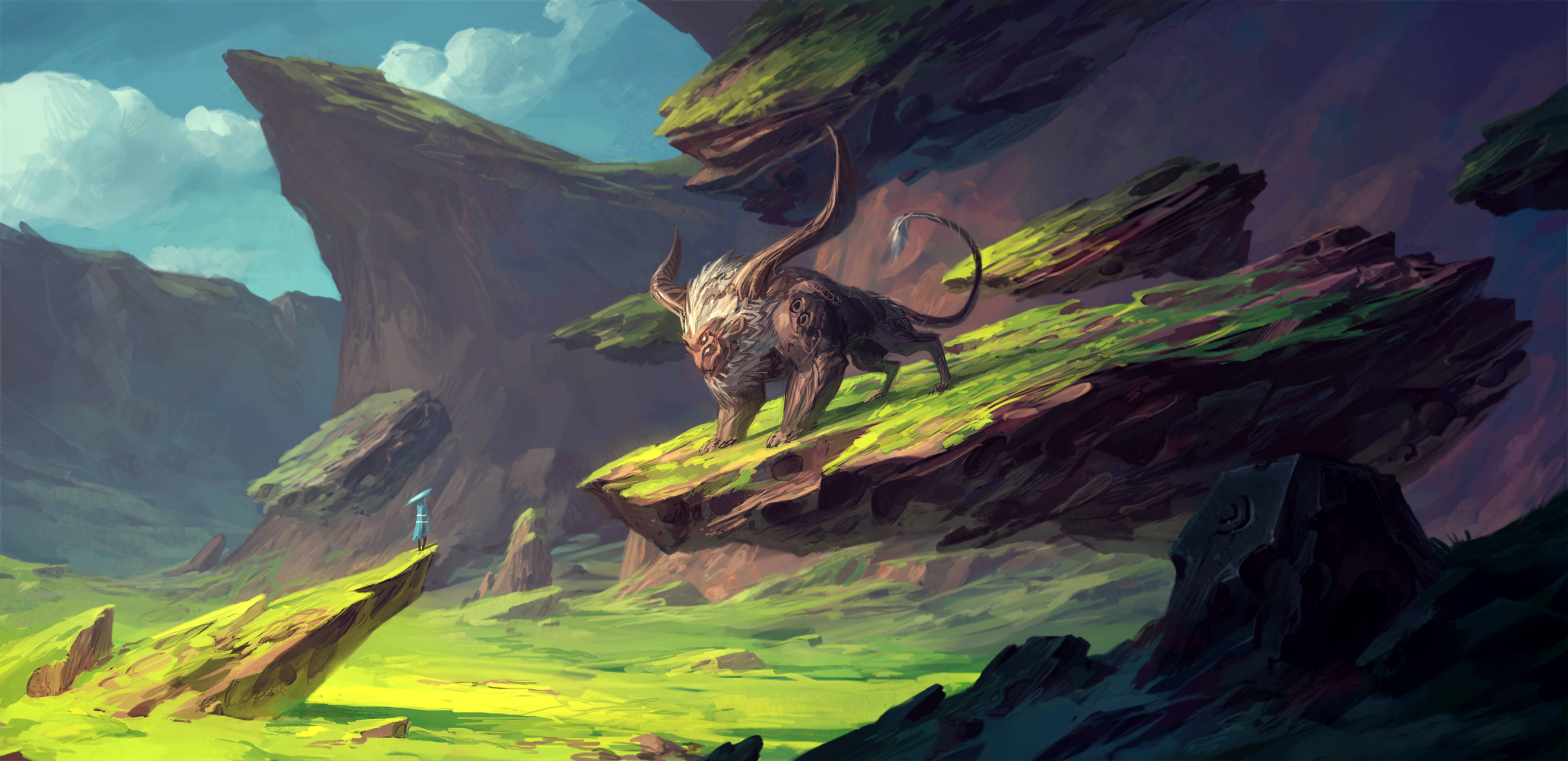 four eyed mythical creature, horned beast, surreal green canyons, 4K Desktop Wallpaper