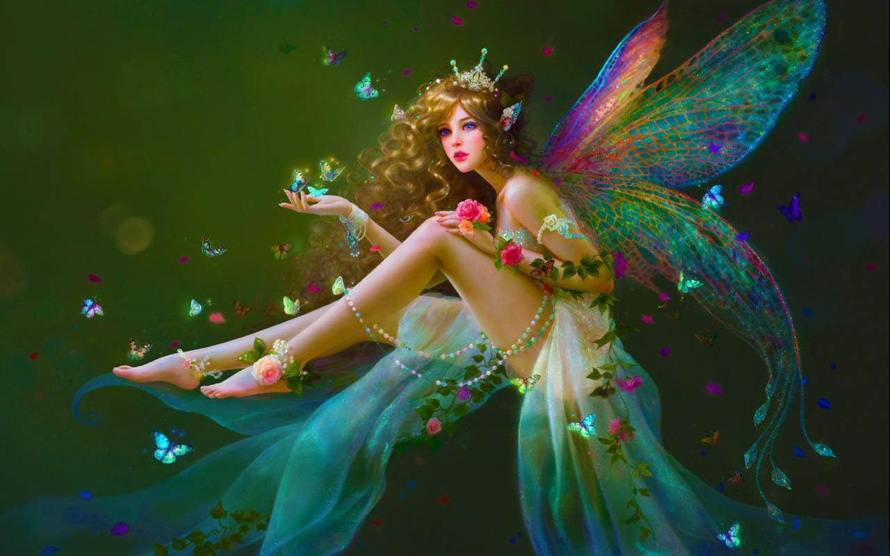 mythical creature, green fairy, iridescent wings, HD Desktop Wallpaper