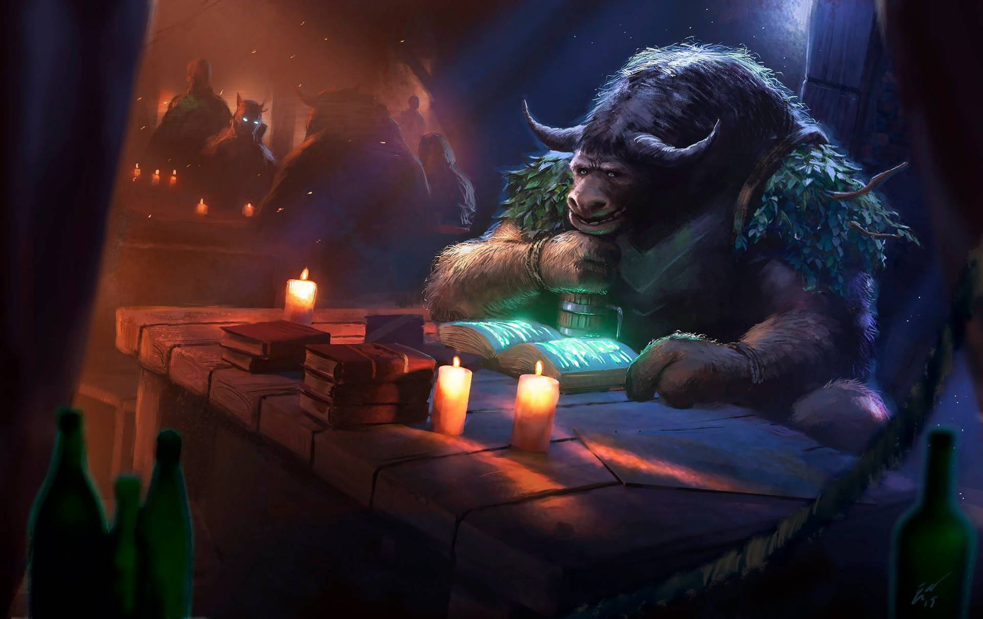 horned minotaur, glowing book, candlelight, Full HD Desktop Wallpaper