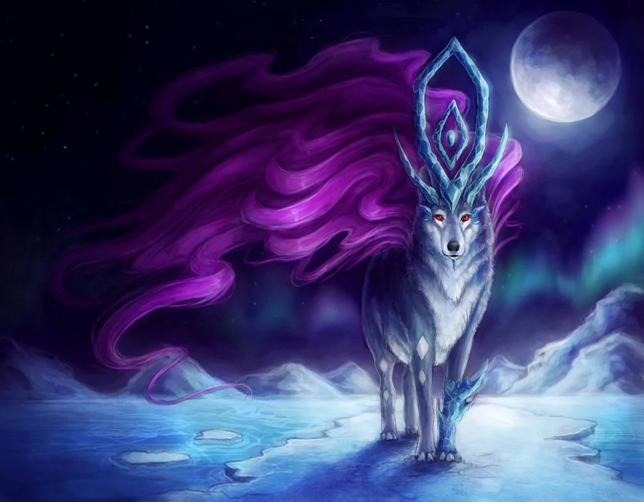 mythical creature, red-eyed wolf, glowing red eyes, HD Desktop Wallpaper