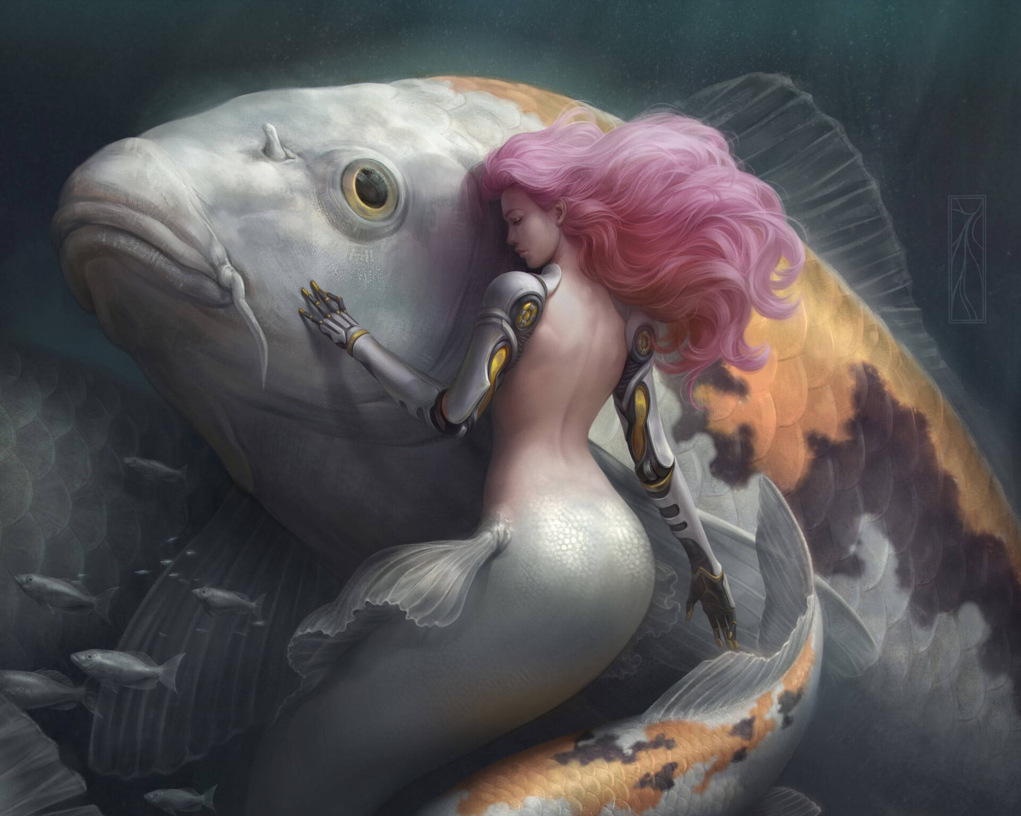 mermaid, pink-haired, cybernetic arms, Full HD Desktop Wallpaper